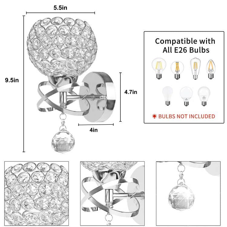 TISLYCO Silver Wall Sconce - Modern Crystal Wall Light, 5.9inx9in, for Bedroom, Living Room, Hallway