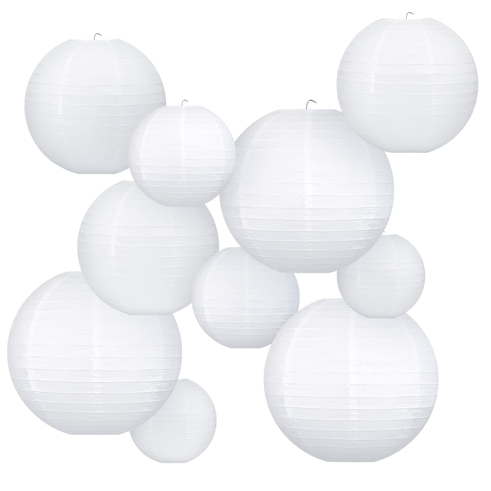 White Hanging Paper Lanterns, Round Chinese Paper Lanterns, Party Wedding Anniversary Decorations, 4 Size - 10 Pieces