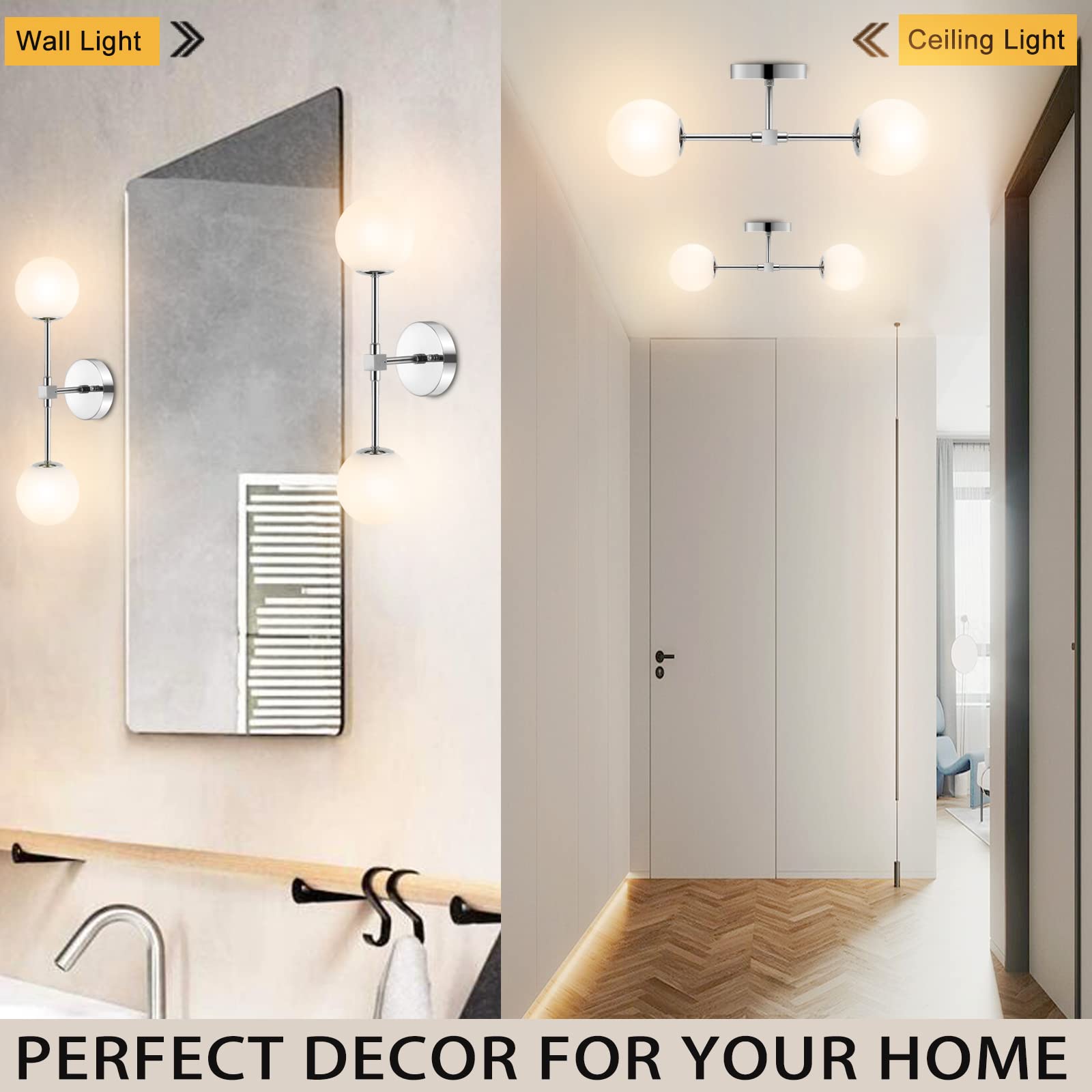 BAODEN Modern Wall Sconce - 2-Lights Industrial Bathroom Vanity Light, White Globe Glass, Brushed Chrome Finish
