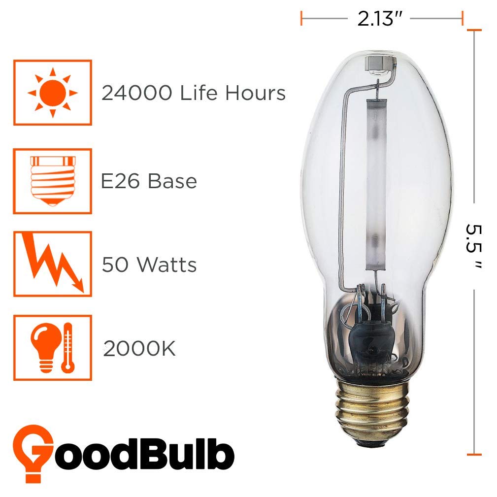 GoodBulb 50-Watt High Pressure Sodium HID Light Bulb E26 Medium Base ED17 S68 2000K Warm White Pack of 2