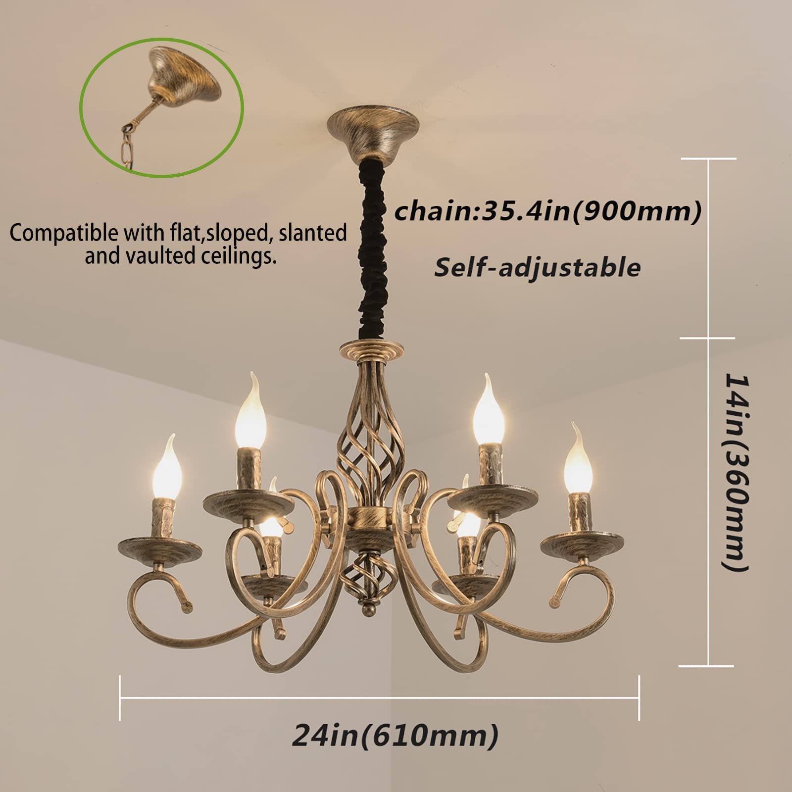 Ganeed Rustic 6-Light Chandelier, Antique Bronze Metal Pendant Light Fixture for Kitchen, Dining Room, Model TC-HD50113-6