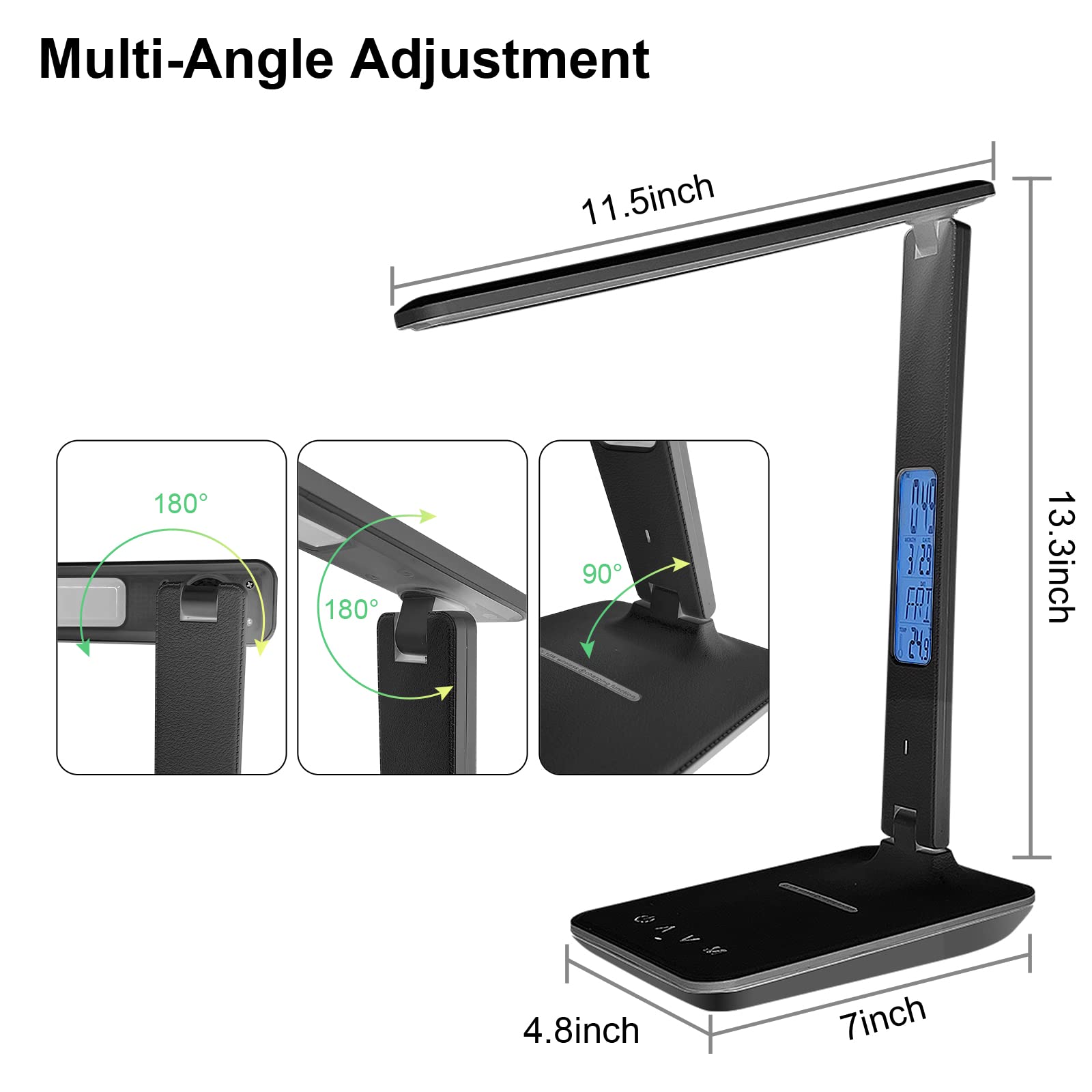 snsok Desk Lamp with Wireless Charger & USB Port, Dimmable, Clock, Alarm, Temperature, Foldable, Black, Model TX26C