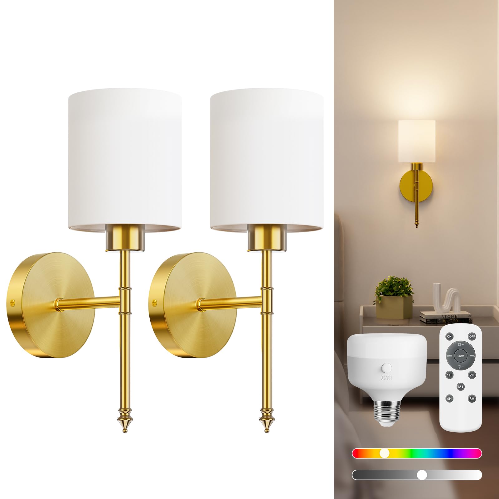 NIORSUN 15in Battery Operated Wall Sconce Set of 2, Gold, Wireless Rechargeable with Dimmable Bulbs, Model 16304LGTF