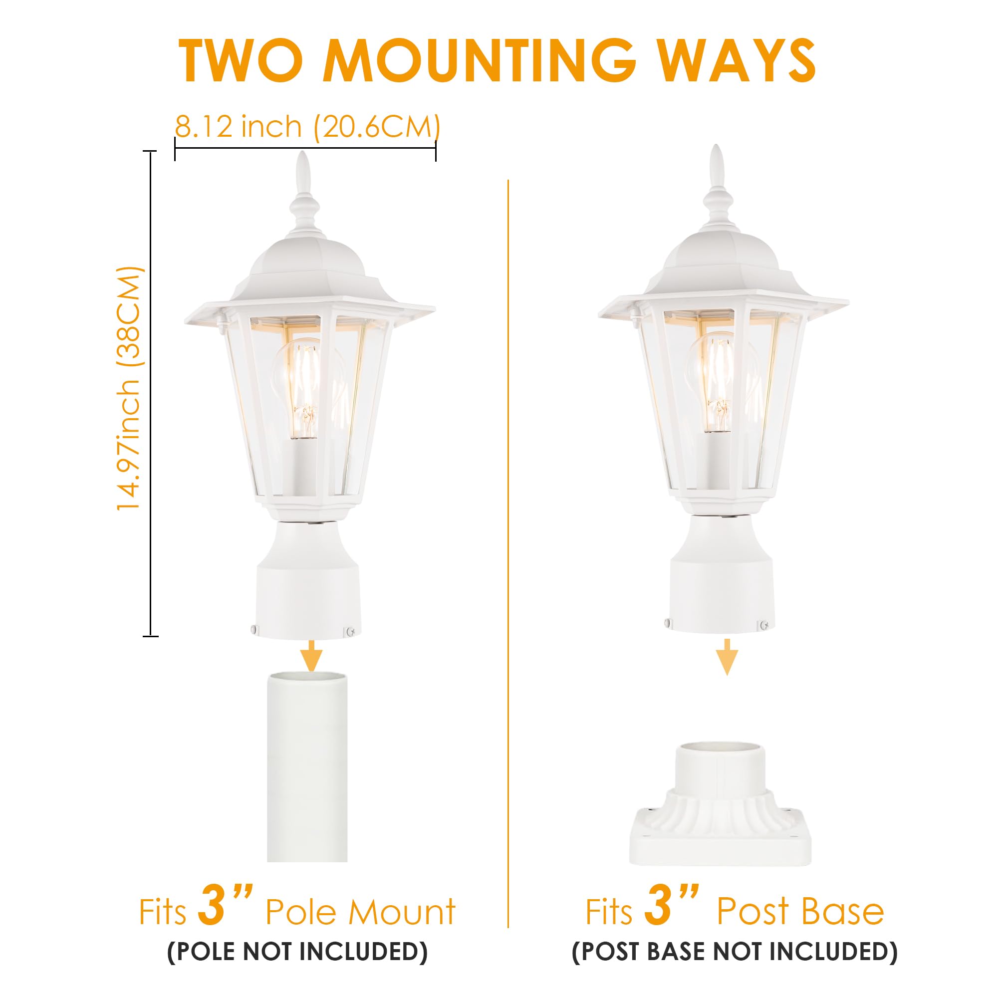 GRUENLICH Outdoor Post Lighting Fixture, Aluminum, 15in Height, White Finish, E26 Medium Base, 2 Pack, Model GR-PL001-WT-2PK