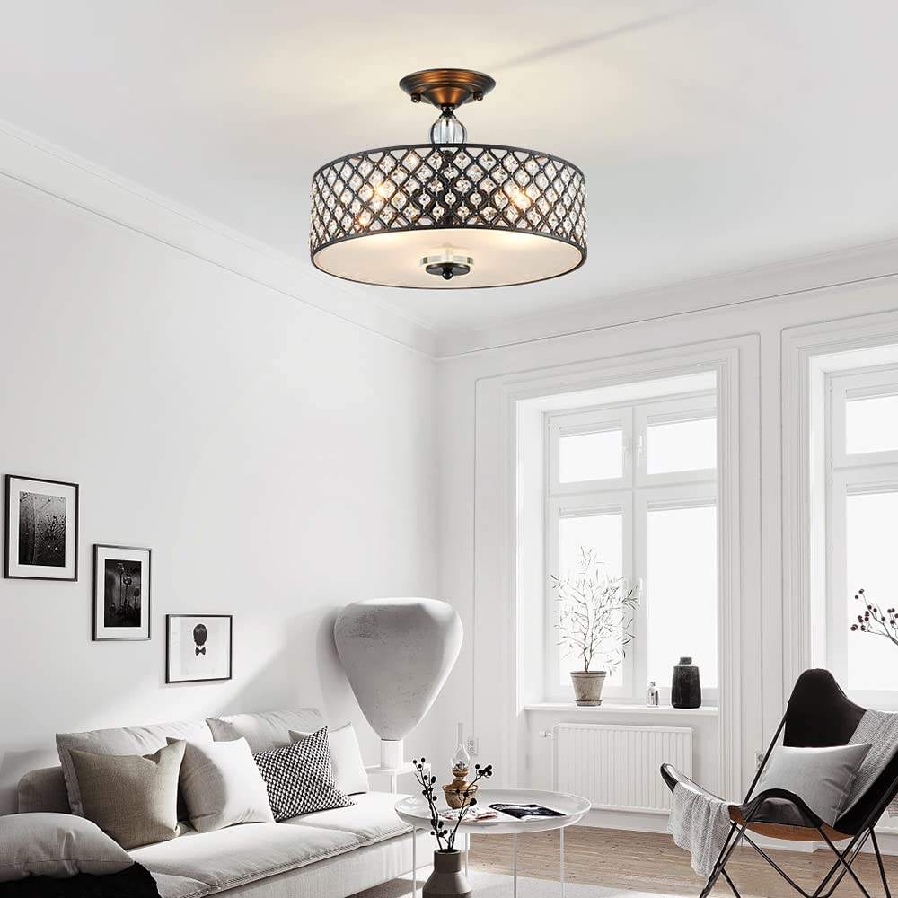 Saint Mossi Semi Flush Mount Ceiling Chandelier  Modern K9 Crystal Ceiling Light Fixture For Dining Room  Livingroom  Bedroom  H11 X D15.4  Matte Black Finish