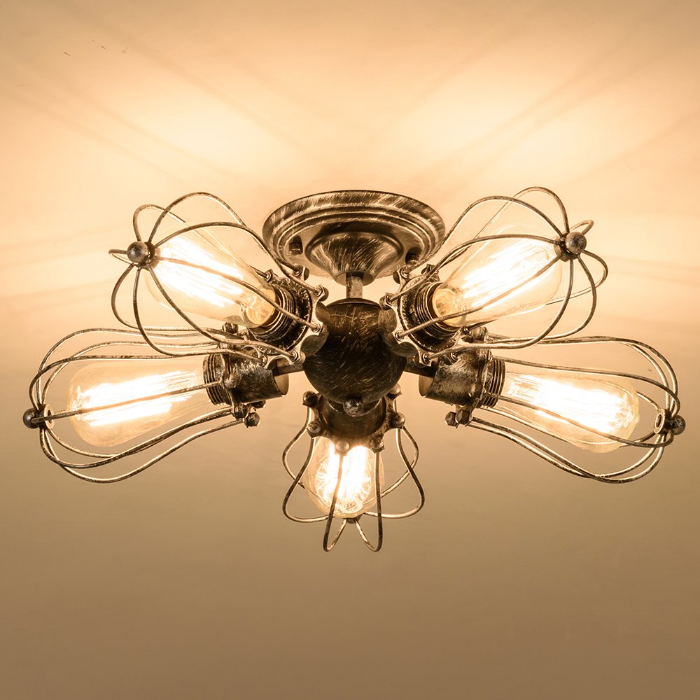 Moonkist Vintage Ceiling Light Industrial Semi-Flush Mount Ceiling Light Metal Fixtures Painted Finish (With 5 Light) (Silver)