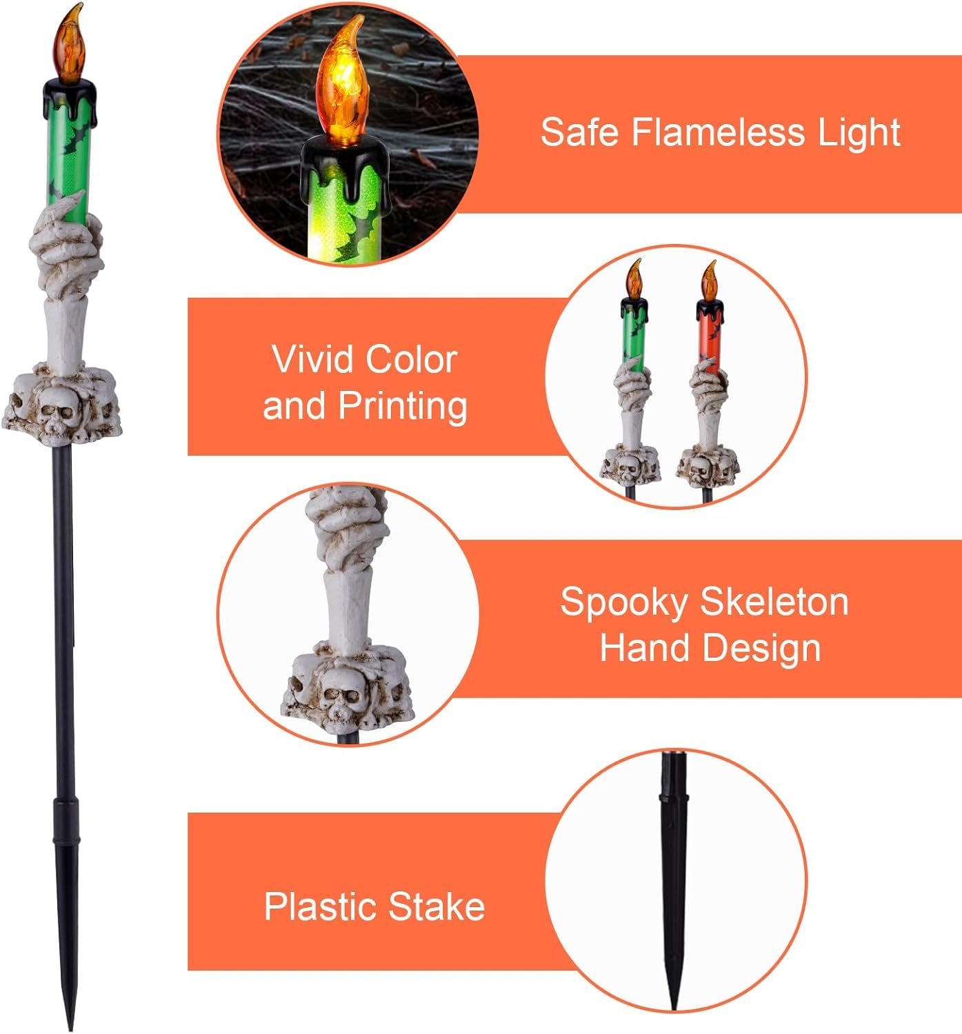 ILLUMINEW Halloween Pathway Lights, Solar LED Candle Skull Holders, 5 Pack, Waterproof, White