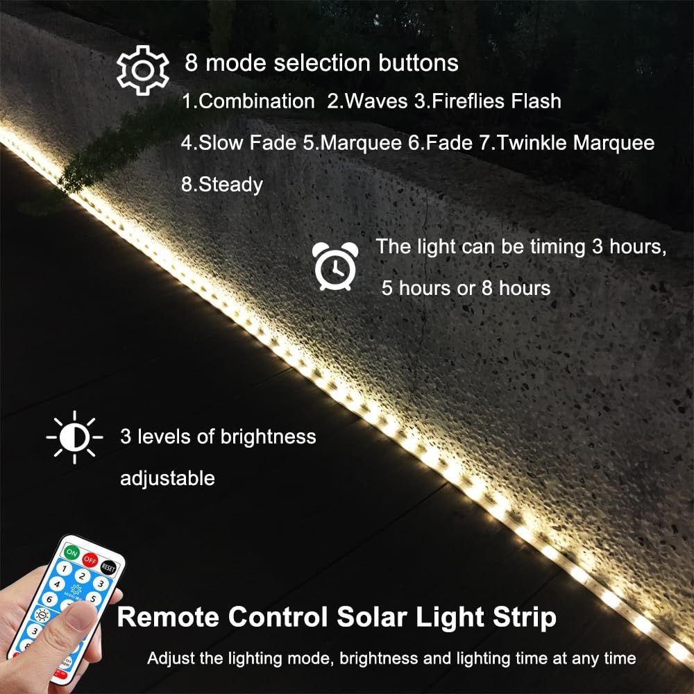 Solar Led Strip Lights Outdoor Waterproof 9.8Ft Warm White Solar Powered Strip Lights With Remote Timer 8 Lighting Modes Ip65 Waterproof Strip Lights For Step Gazebo Balcony Outdoor Bar Garden Decor