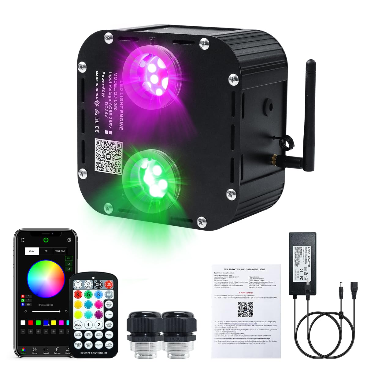 Akepo 50W Dual-Head Dual-Color Twinkle Fiber Optic Light Engine  Twinkle+Same Or Different Color+Bluetooth App Control+Music Activated+28-Key Remote For Home Fiber Optic Star Ceiling Kit