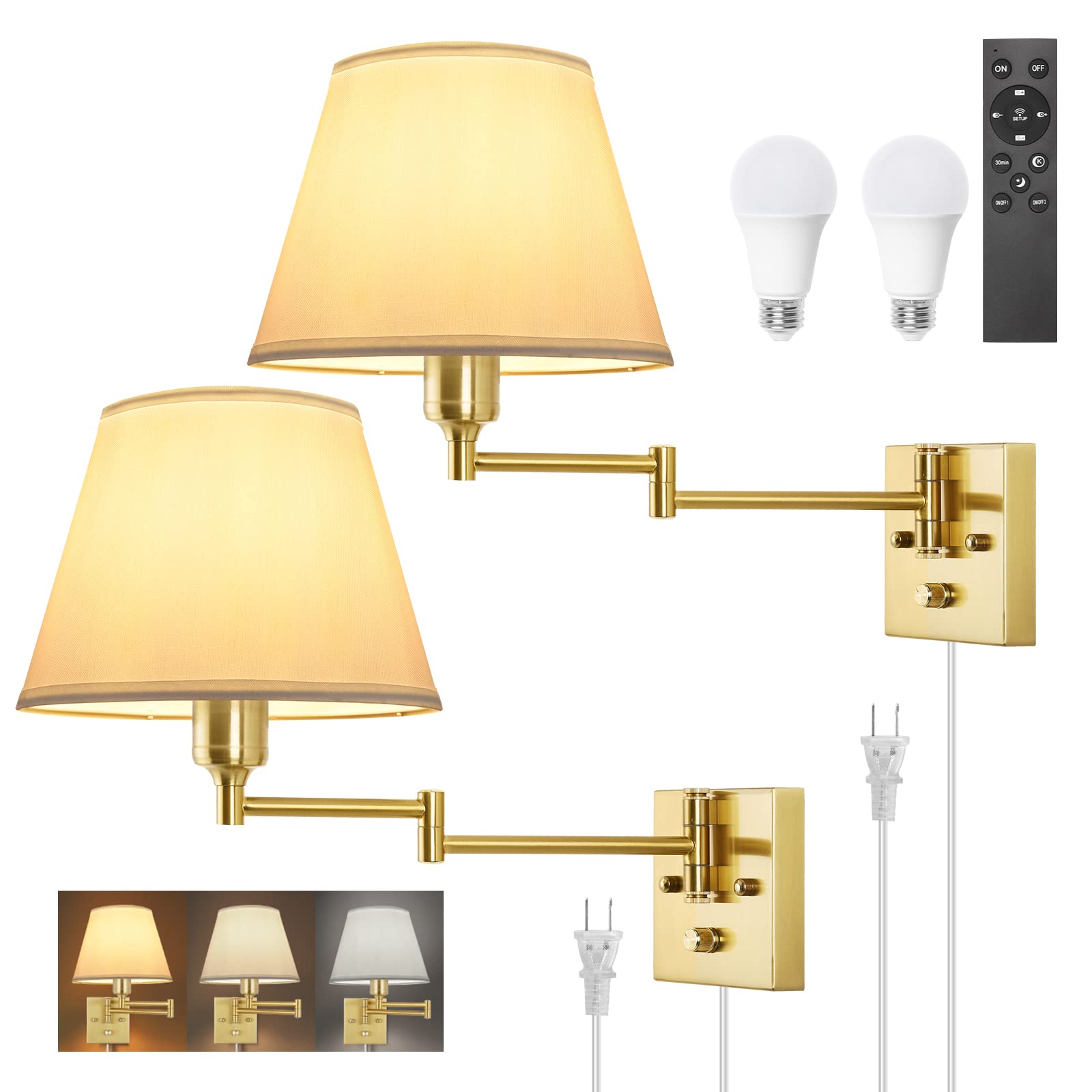 TRLIFE Dimmable Wall Sconce, Remote Control, 2700K-6500K, Medium, Brushed Brass, 2 Pack, Metal