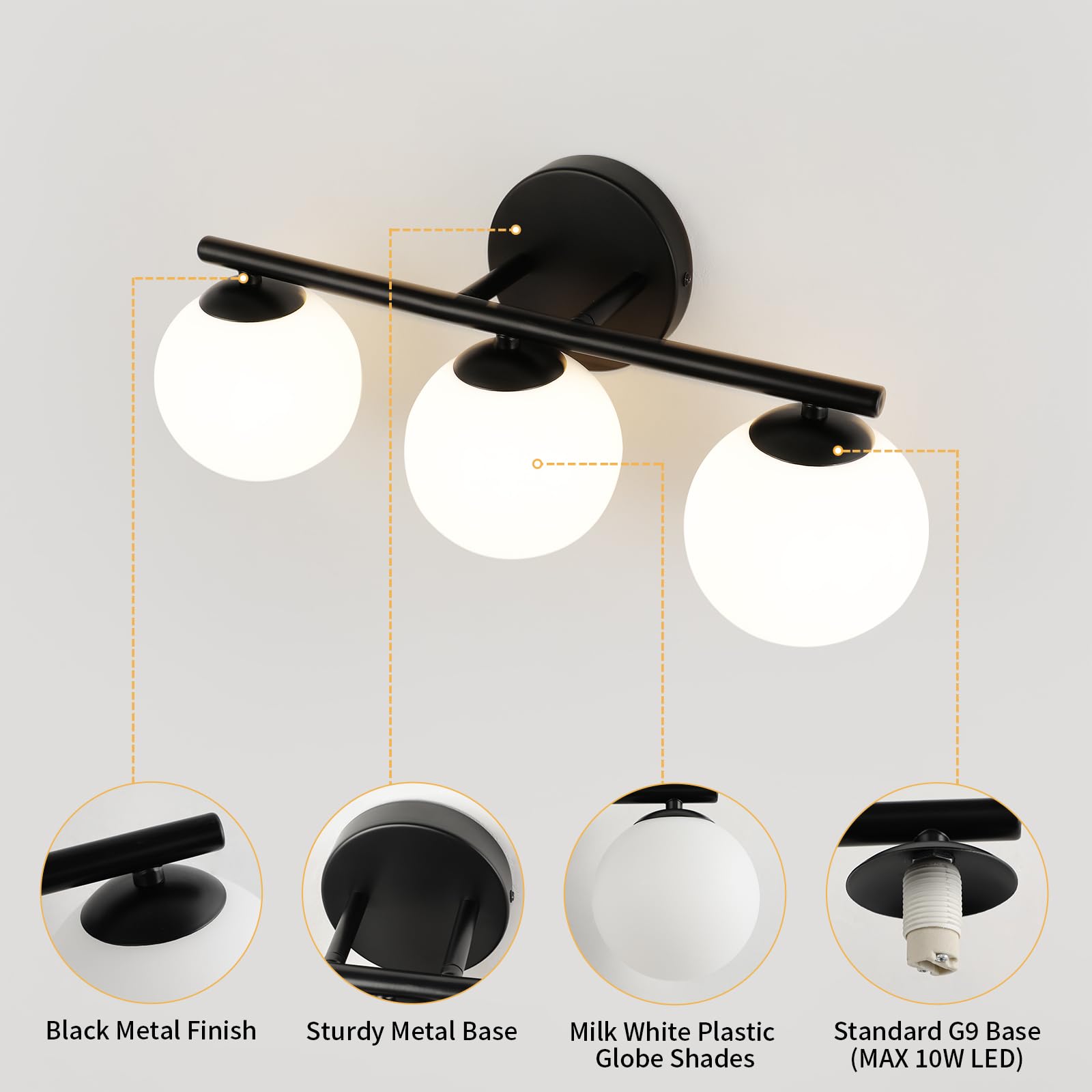 foucasal 3-Light Black Globe Bathroom Vanity Light, 11.81" Wall Sconce with Milk White Shades, Model ULYQBD47-3A