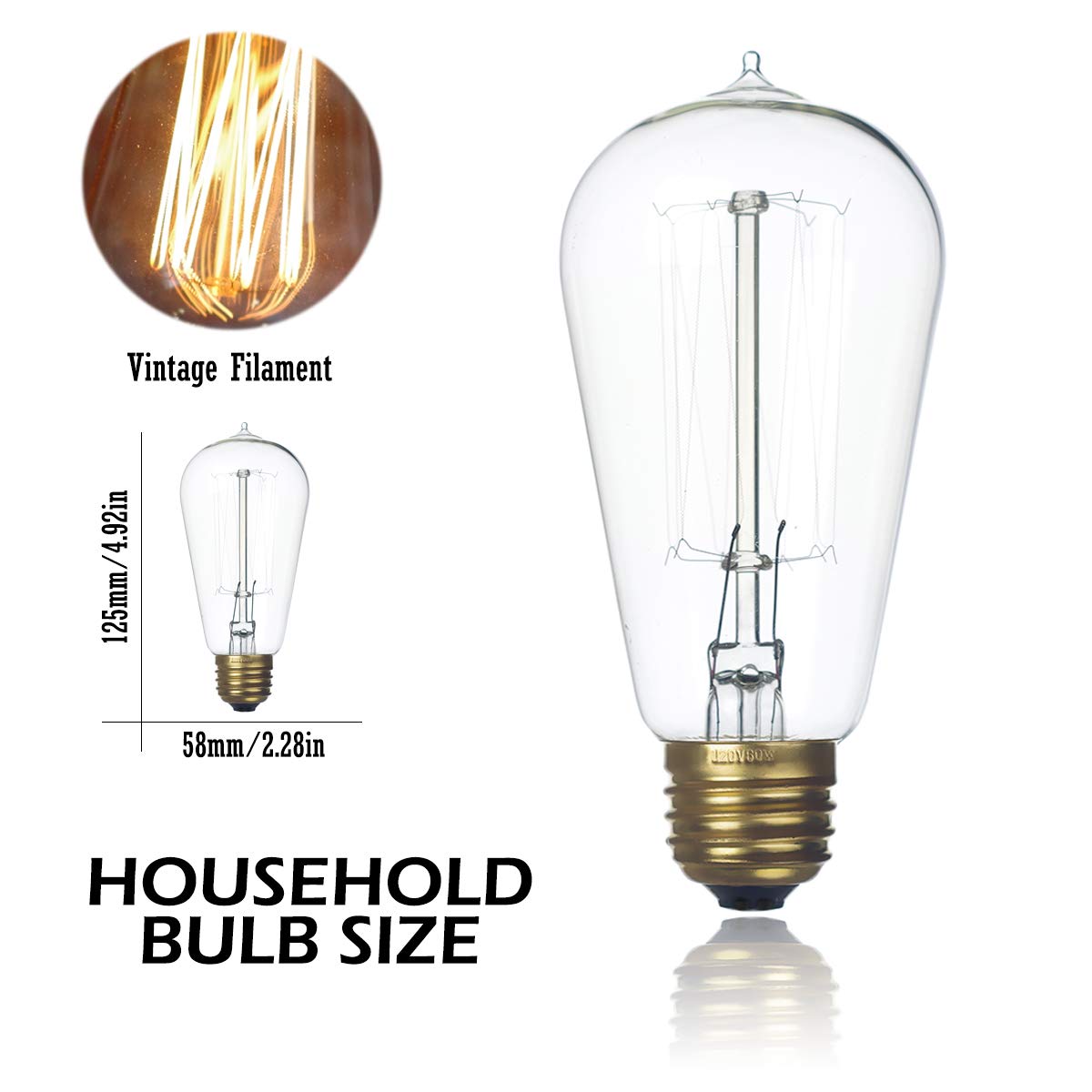 Jslinter Edison Light Bulb 6-Pack, Warm White 2200K, 60W Dimmable ST58, Clear Glass, Antique Vintage Style
