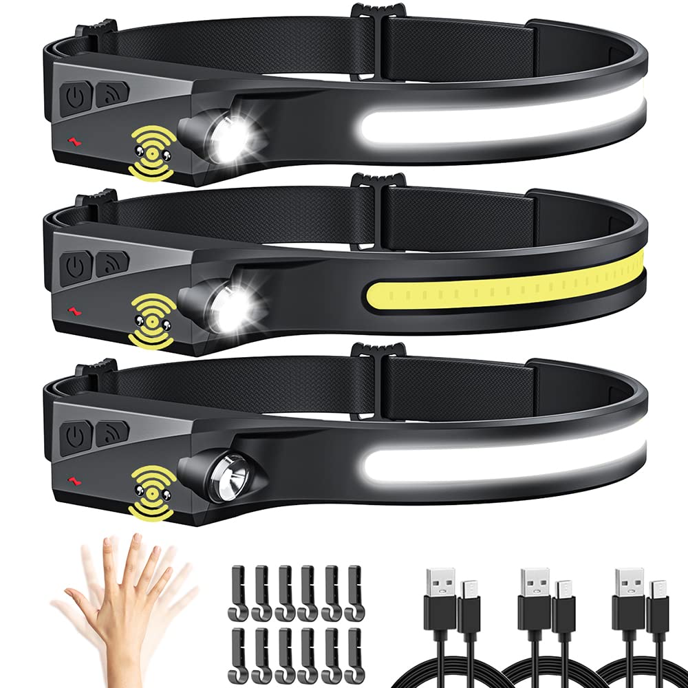 Uuyee Headlamp Rechargeable 3Pack, Led Headlamp Flashlight With Motion Sensor, 230 Cob Wide Beam Head Lamp, 5Mode Head Lights Fo