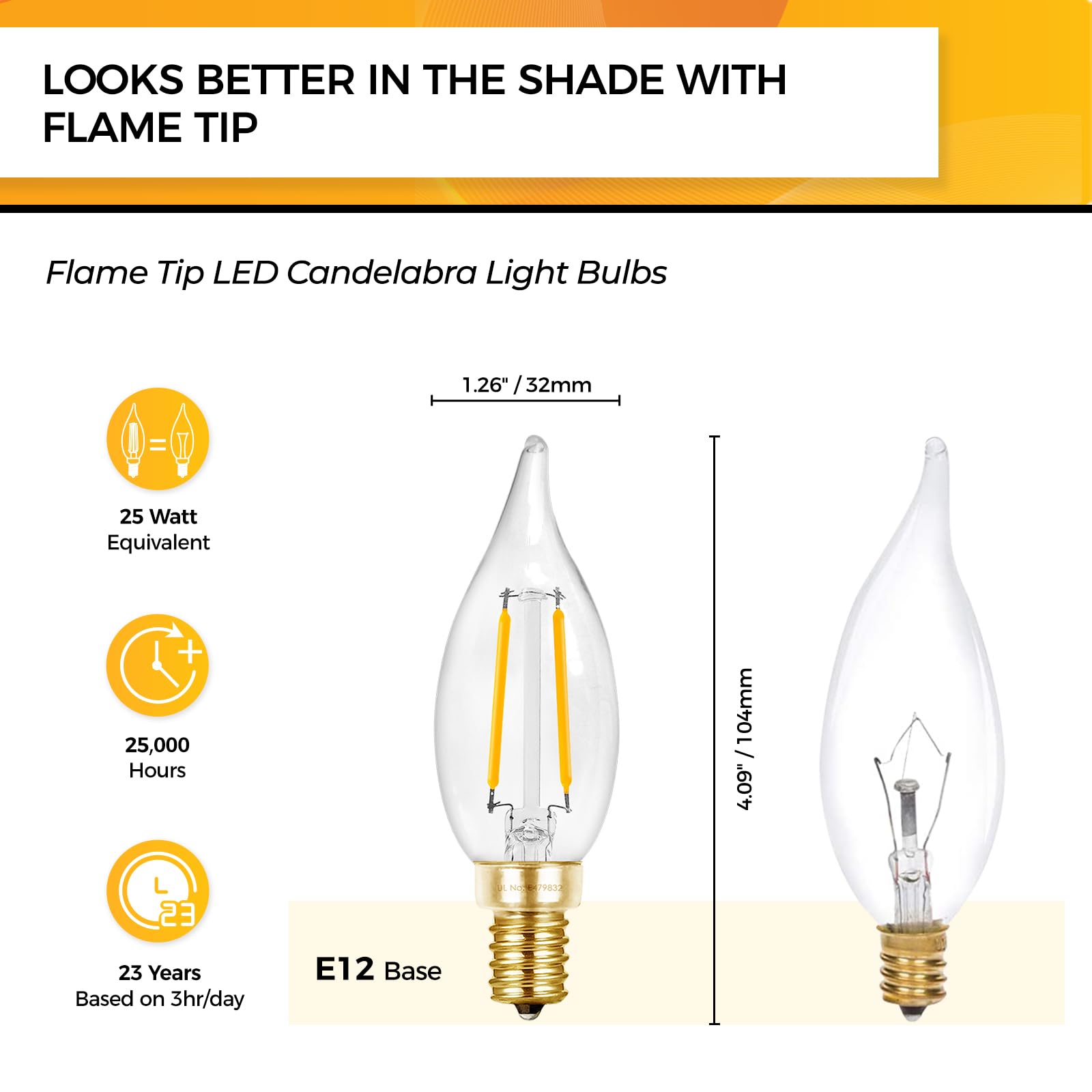 Hizashi 25 Watt Candelabra Bulbs, E12 Led Bulb Dimmable 2700K Soft Warm White, Chandelier Light Bulbs, Flame Tip Ca10 Candle Lig