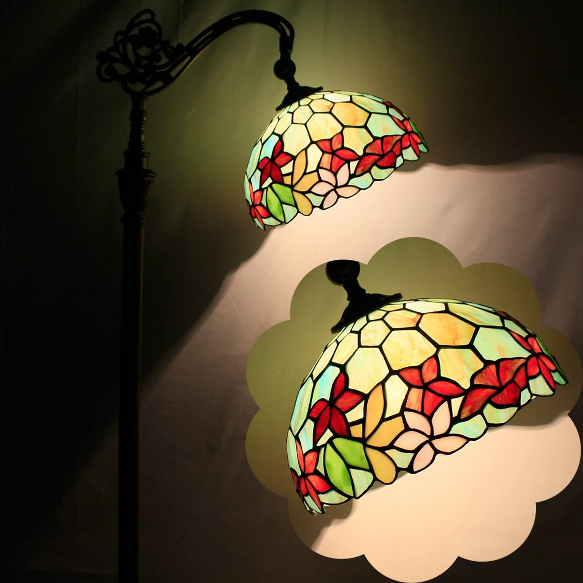 Zjart Tiffany Floor Lamp Stained Glass Lamp 18.88X12X67 Inch Angle Adjustable Arched Gooseneck Antique Reading Light (Red Green