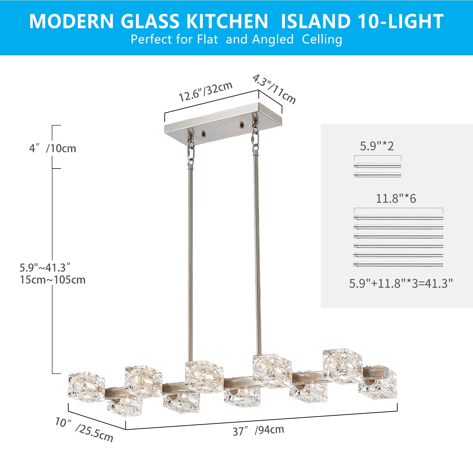 Xingqi Rectangular Chandeliers For Dining Room, Modern 10 Lights Brushed Nickel Kitchen Island Light Fixture With Glass Lampshad