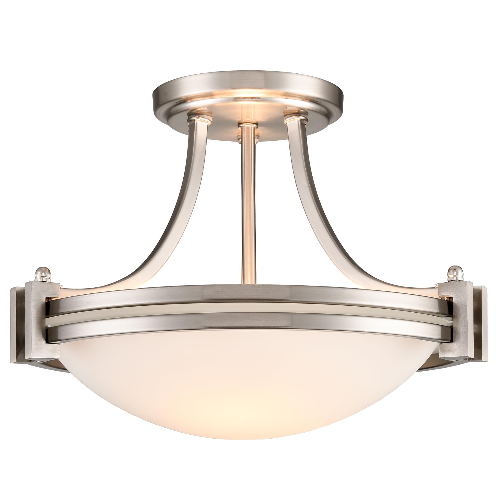 Teenyo Brushed Nickel Semi Flush Mount Ceiling Light 12-Inch 2-Light Modern Milk Glass Light Fixture Flush Mount For Bedroom Hal
