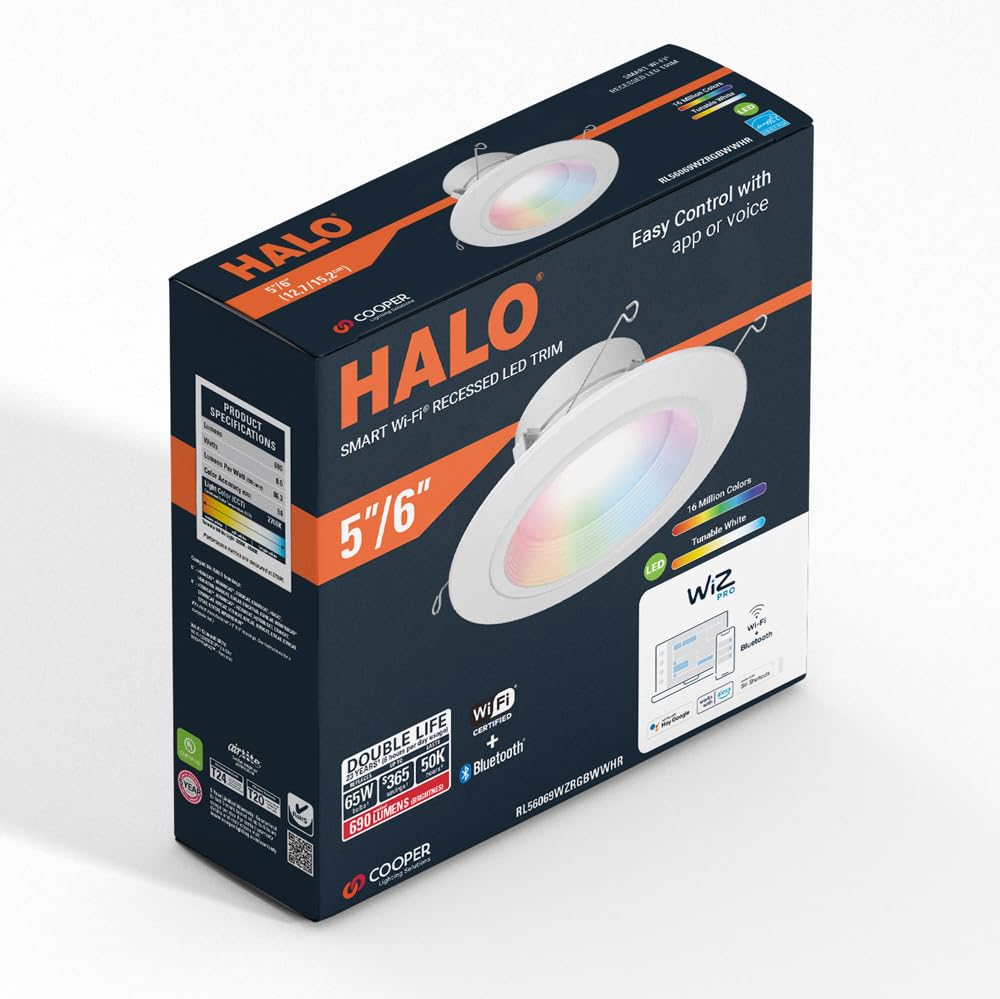 HALO Smart Wi-Fi Recessed LED Light, 5/6 inch, Dimmable Full Color, Model RL56069WZRGBWWHR, Plastic, Motion Sensor, Smart Home