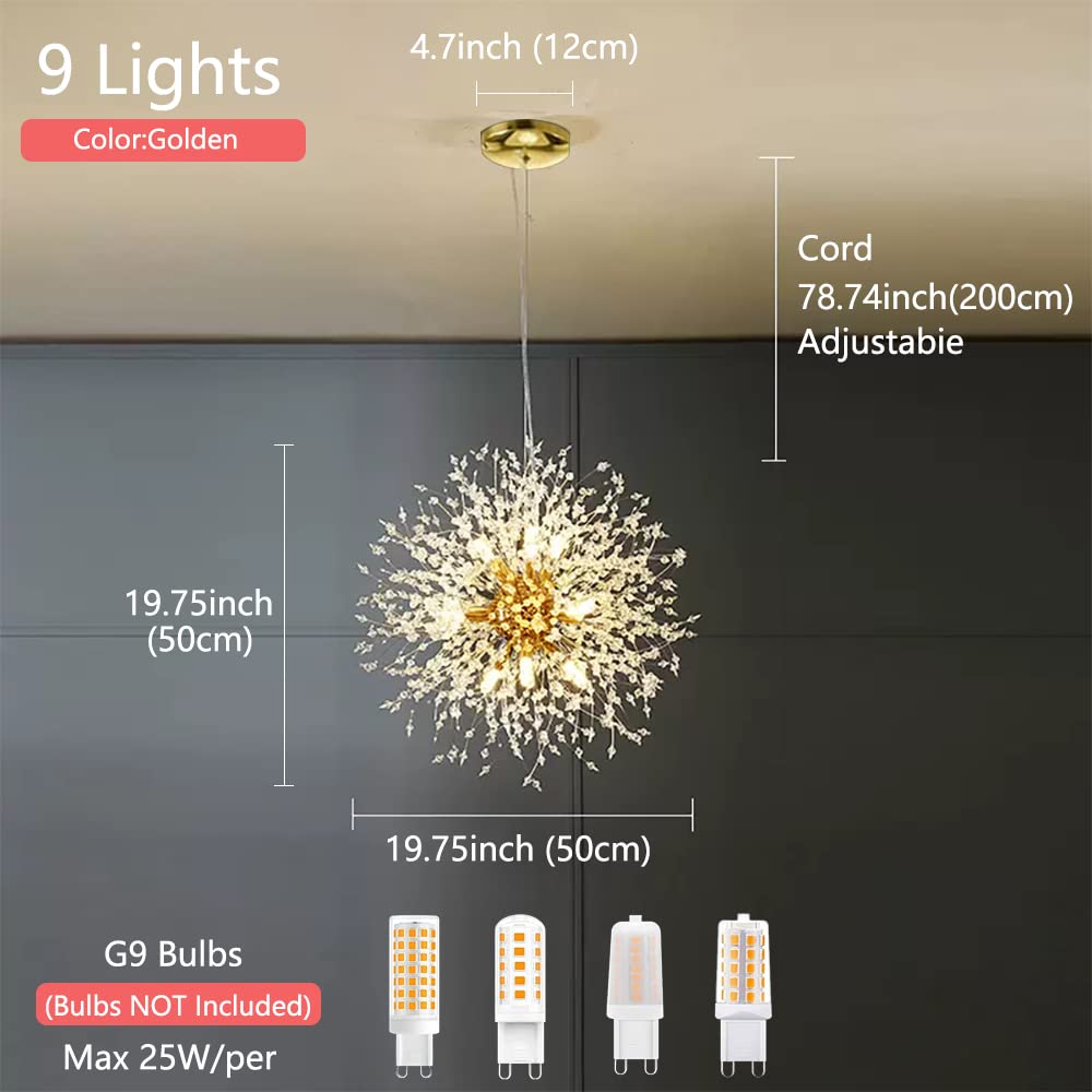 Mivenda Gold Crystal Chandeliers 9-Light Modern Firework Chandelier Dandelion Light Fixture,Bedroom Chandelier,Ceiling Hanging L