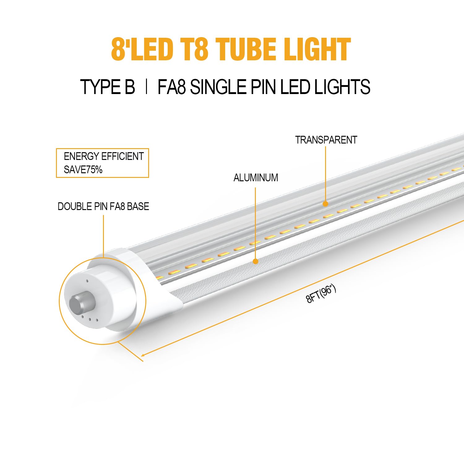 Etl Listed 8Ft T8/T12 Led Bulbs 8 Foot, 5 Power(30W-50W)& 6Cct(3000K-6500K) All In 1, Plug & Play Or Ballast Bypass,T8 Fluoresce