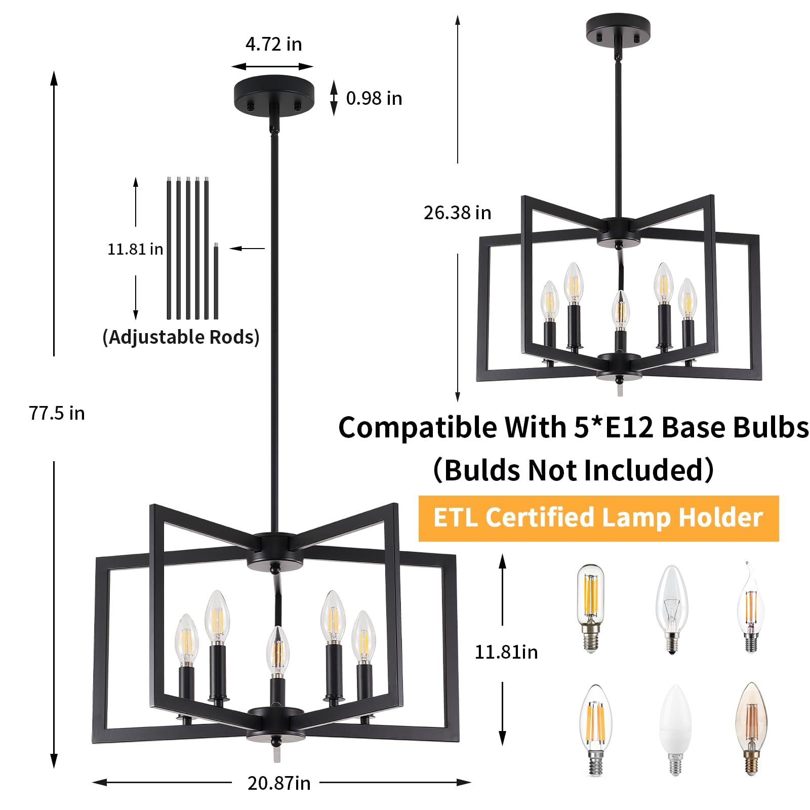 Miaybph Black Chandelier, 5-Light Dining Room Light Fixture Geometric Metal Modern Industrial Chandelier Lighting For Farmhouse Living Room Entryway Kitchen (Black, E12 Bulbs Not Included)
