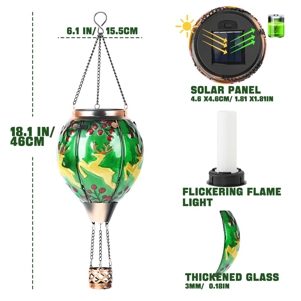 Solar Powered Hot Air Balloon Lantern - Christmas Reindeer Glass Lantern  Simulated Flickering & Dancing Flame  Outdoor Hanging Yard Light Waterproof Ip65 For Patio Lawn Porch Xmas Decor Gift