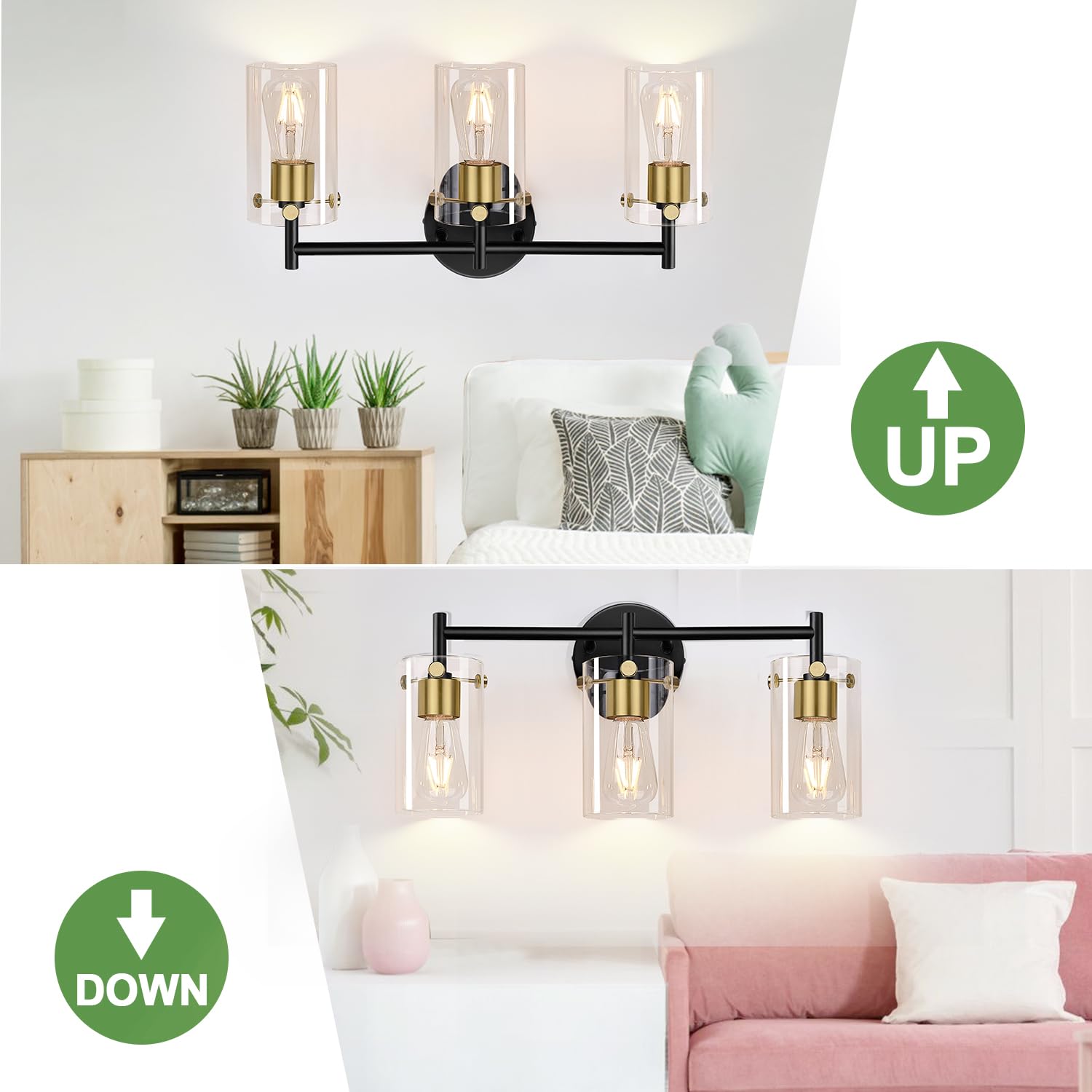 Bathroom Light Fixtures 2024 Upgrade, 3-Light Black And Gold Vanity Light, Black Bathroom Lights Over Mirror With Clear Glass Sh