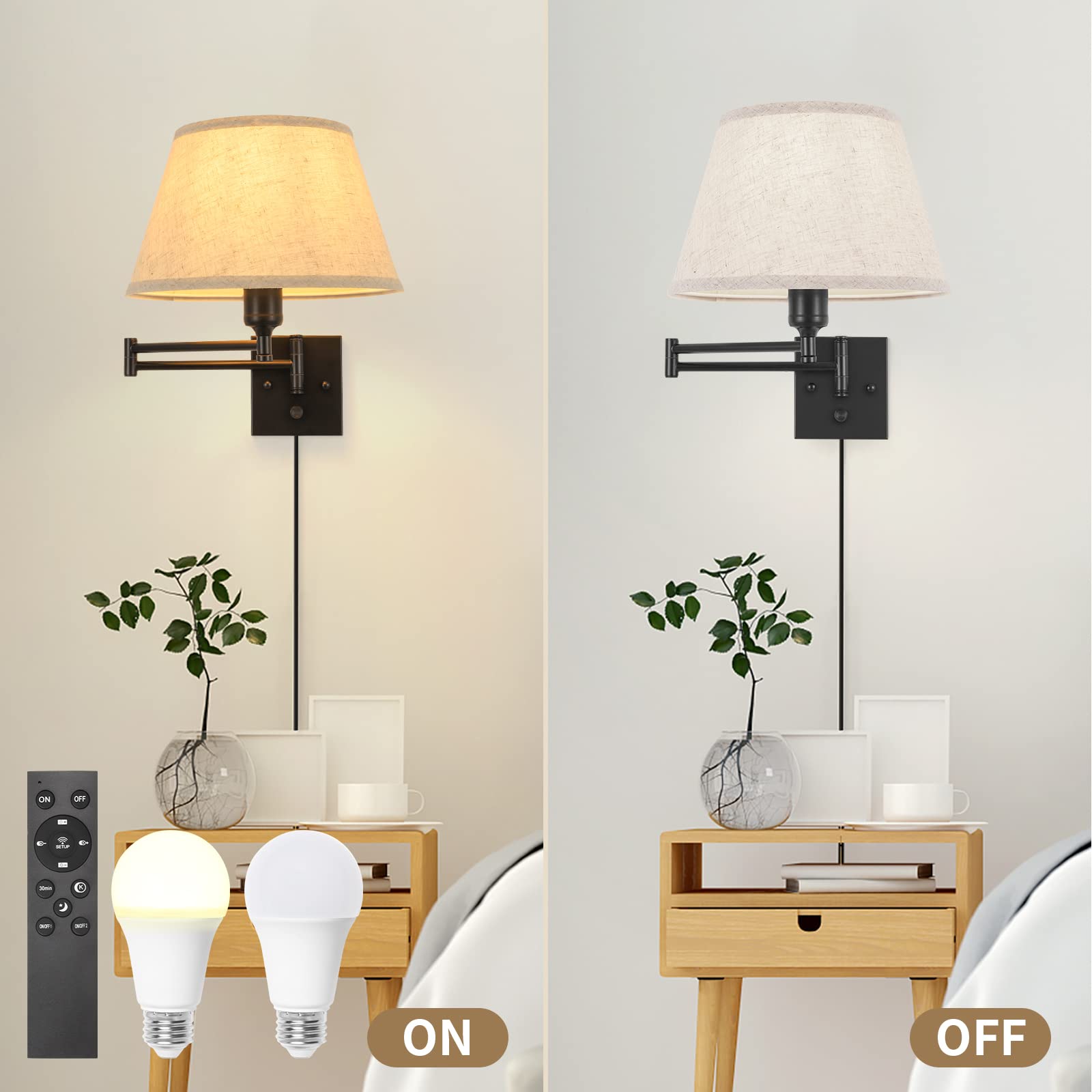 TRLIFE Wall Sconce, Remote Control Dimming 10-100%, 11.8" Large Beige Fabric Shade, Adjustable Color Temp 2700K-6500K, 2 Pack