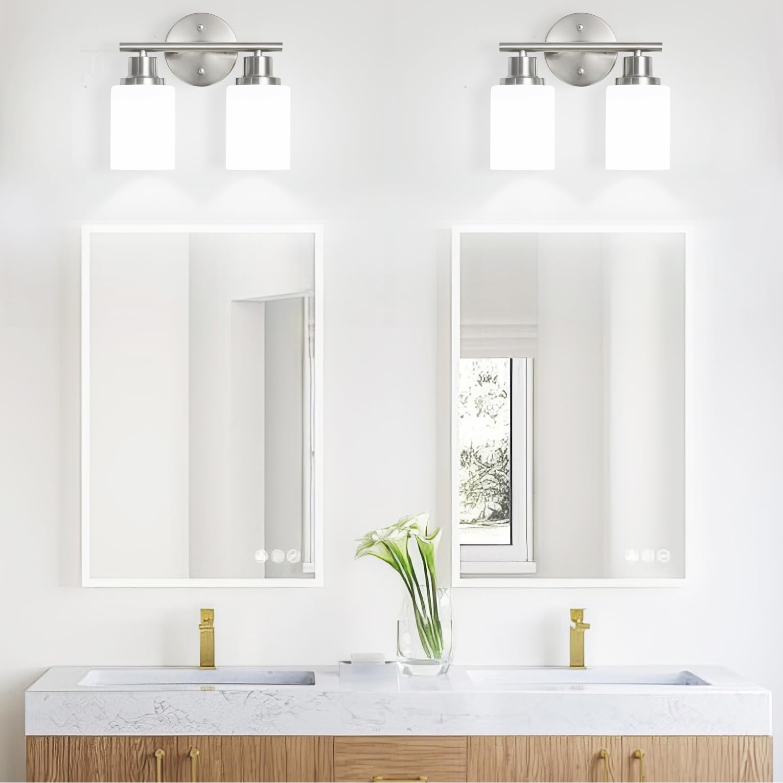 Guliaofo 2-Light Vanity Lights  Brushed Nickel Bathroom Light Fixture With Striped Textured Milky White Glass Shade  E26 Modern Vanity Lighting Fixture For Bathroom Wall Sconce Light Over Mirror