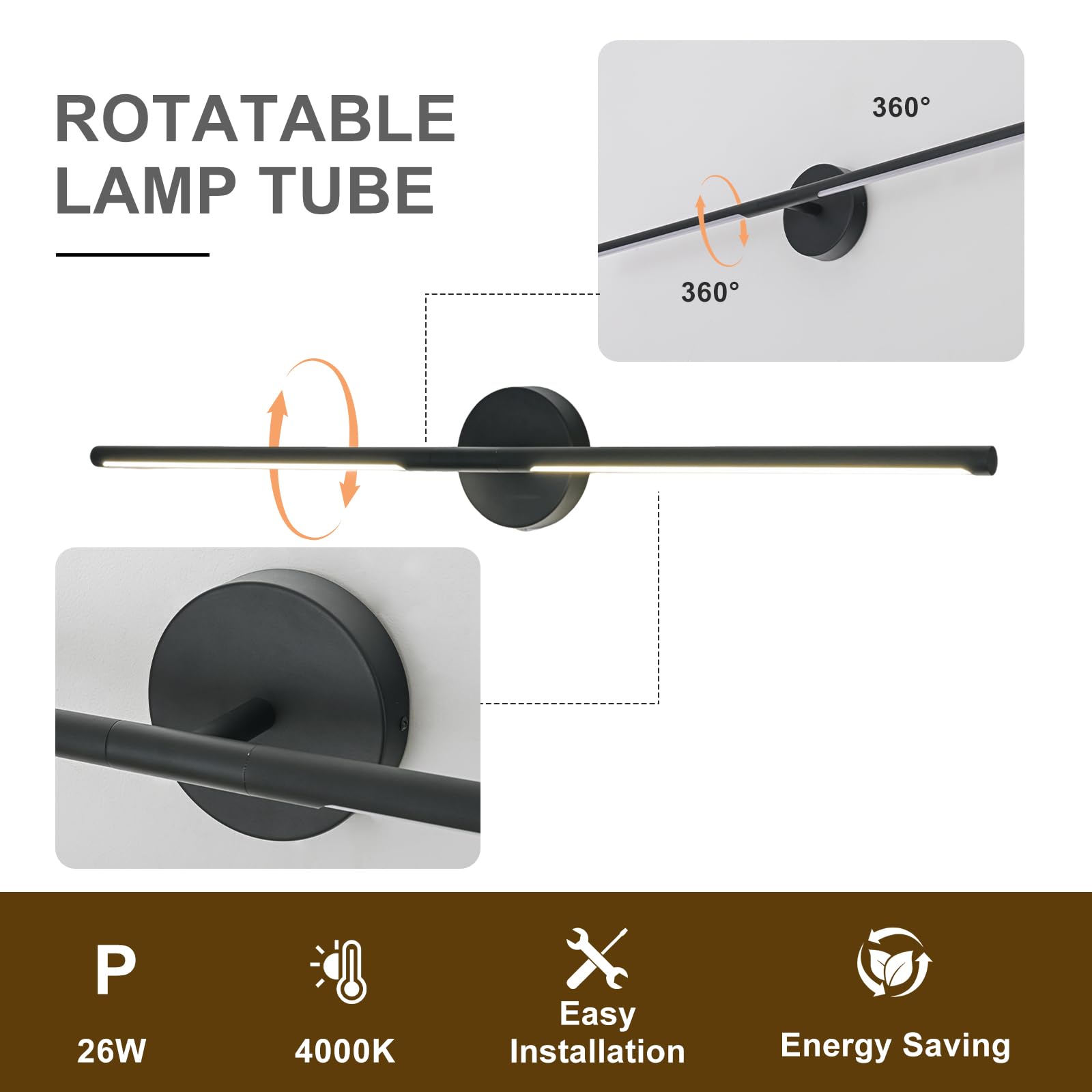 Linseeds Matte Black 36 Inch Led Vanity Light Bar, 26W Dimmable 4000K, Modern Bathroom Fixtures, Metal, Model Rd-7516-Bk-36