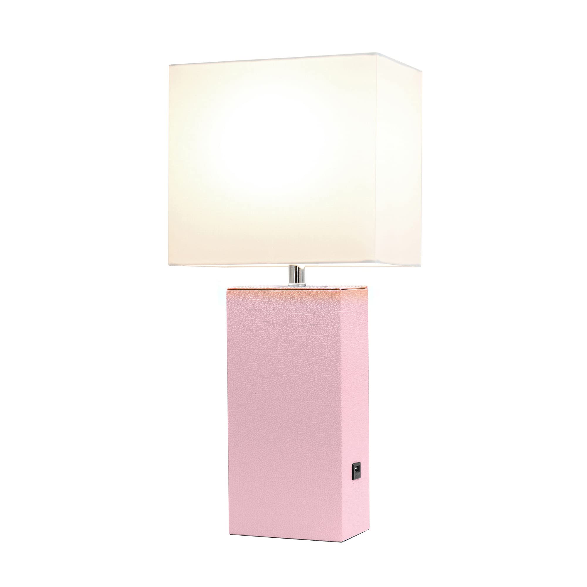 Lalia Home Blush Pink Leather Base Bedside Table Lamp With Usb Charging Port & Fabric Shade