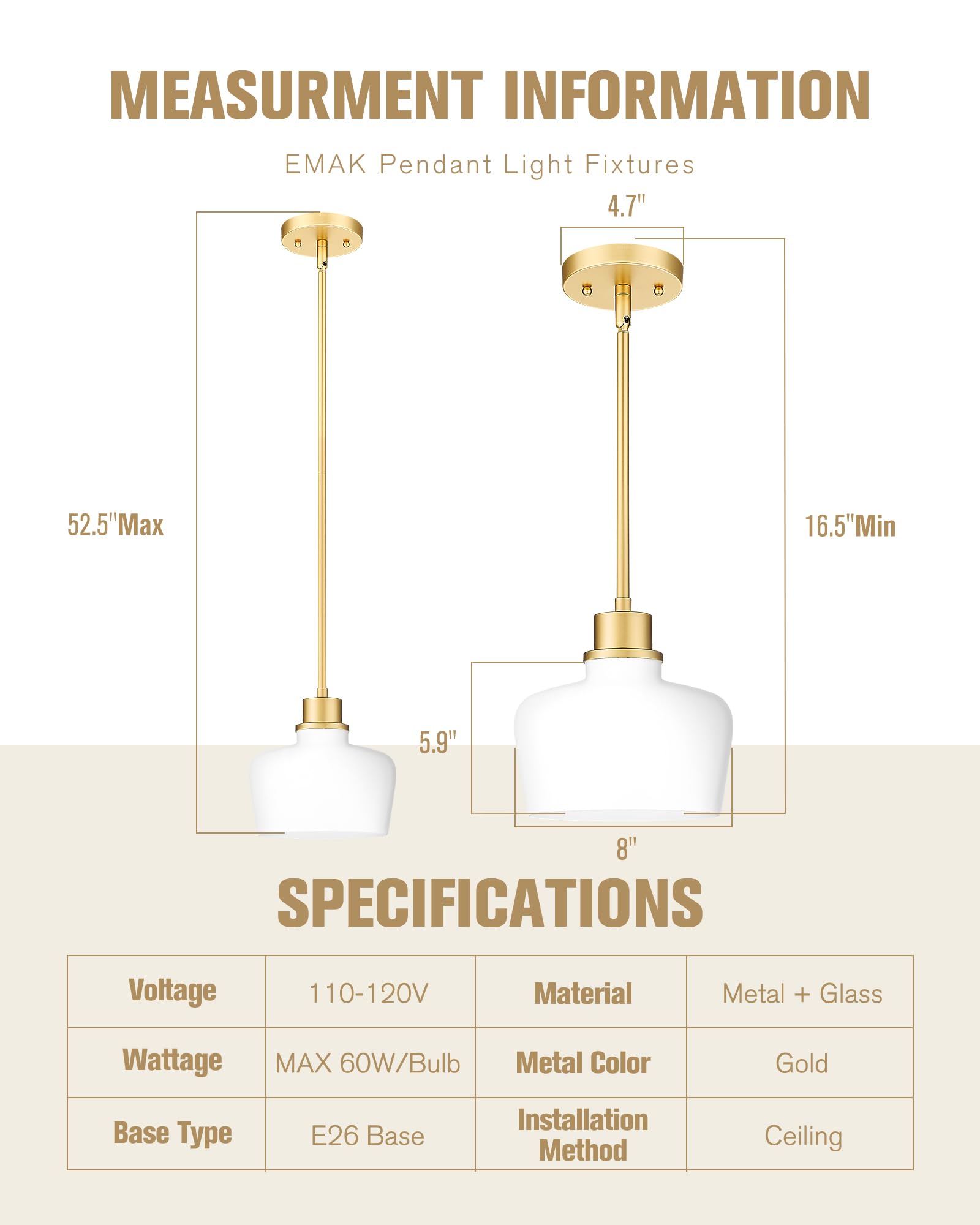 Emak Modern Pendant Lights Kitchen Island, 8 Inch Gold Pendant Light With Milk Glass Shade, Hanging Light Fixture For Kitchen Is