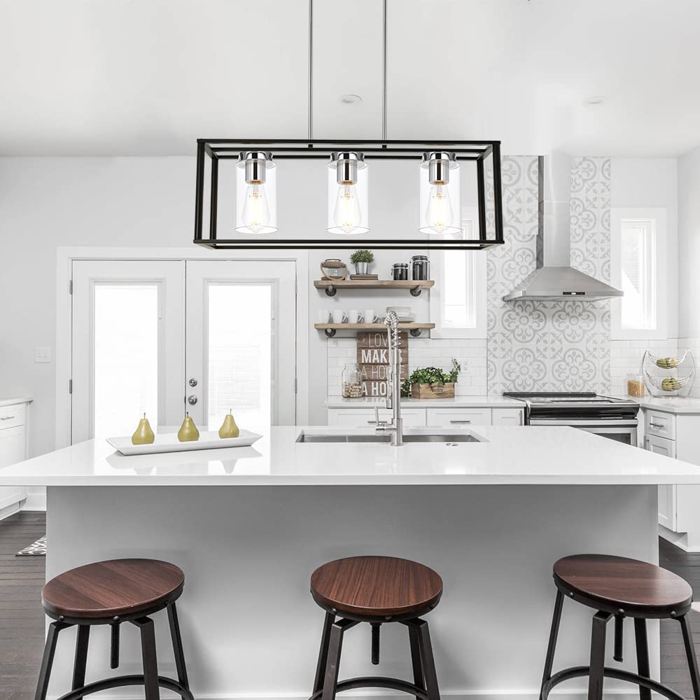 VINLUZ 3 Light Adjustable Pendant Lighting, Black and Chrome, Metal with Clear Glass Shades, Model dc783440