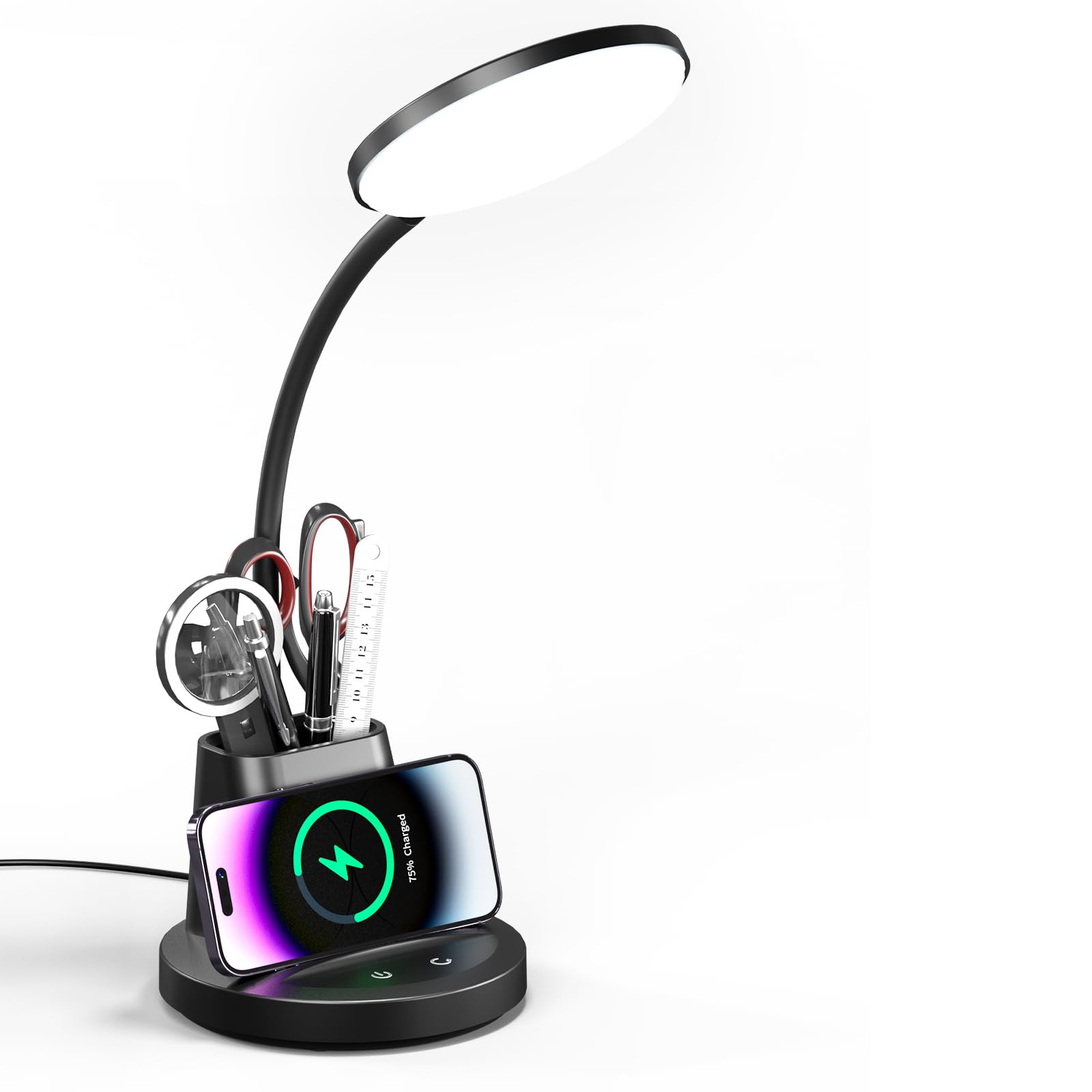 Vicsoon Desk Lamp with Wireless Charger, LED Desk Lamp for Home Office with Pen Holder, Dimmable Eye-Caring Study Desk Light Fle