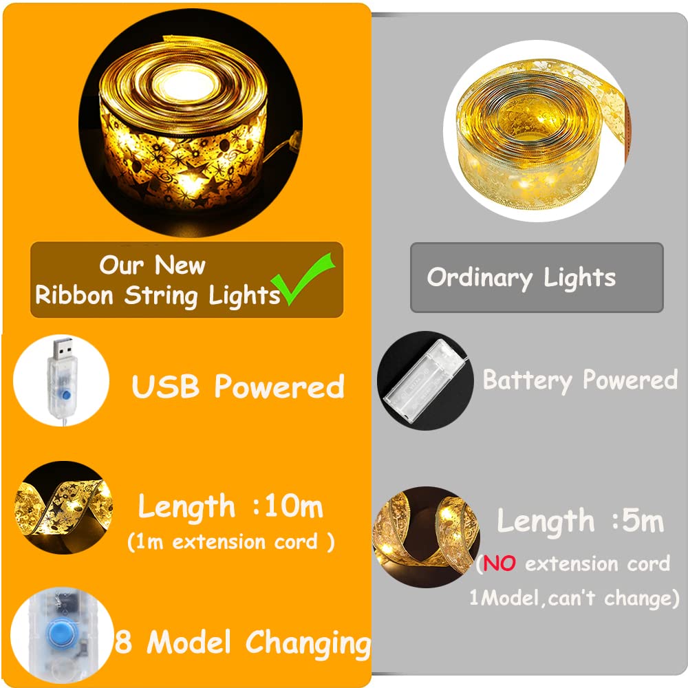 Gihoo Christmas Tree Decorations String Lights 32Ft 100 Led Lights Copper Wire Ribbon Bows Lights For Party Weddings Holiday Christmas Tree Decorations (Width 6.3Cm Gold Warm Light)