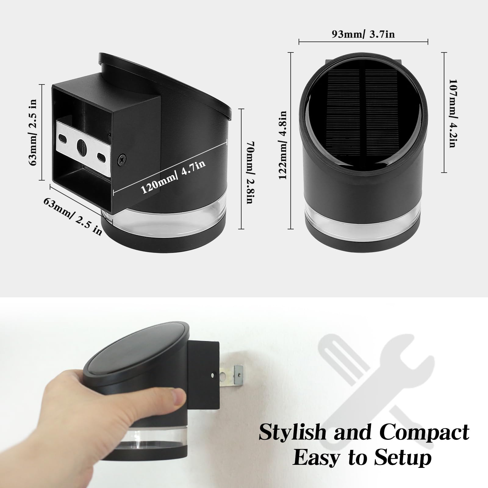 Hfvlite Solar Wall Light Outdoor Aluminum Wall Sconce Dusk To Dawn, Cordless Waterproof Led Decor Light Fixture For Porch, Deck, Fence, Patio, Front Door, Stair, Warm White, Black, 1-Pack