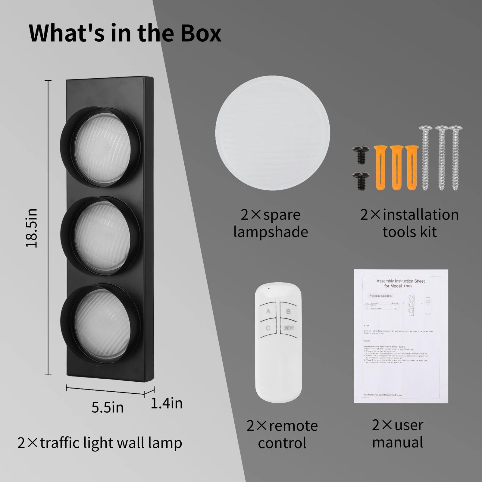 yeesport Traffic Light Wall Lamp, 2 Pcs LED Light with Remote, Vintage Design, Glass Material, for Kids Bedroom, Living Room, Club
