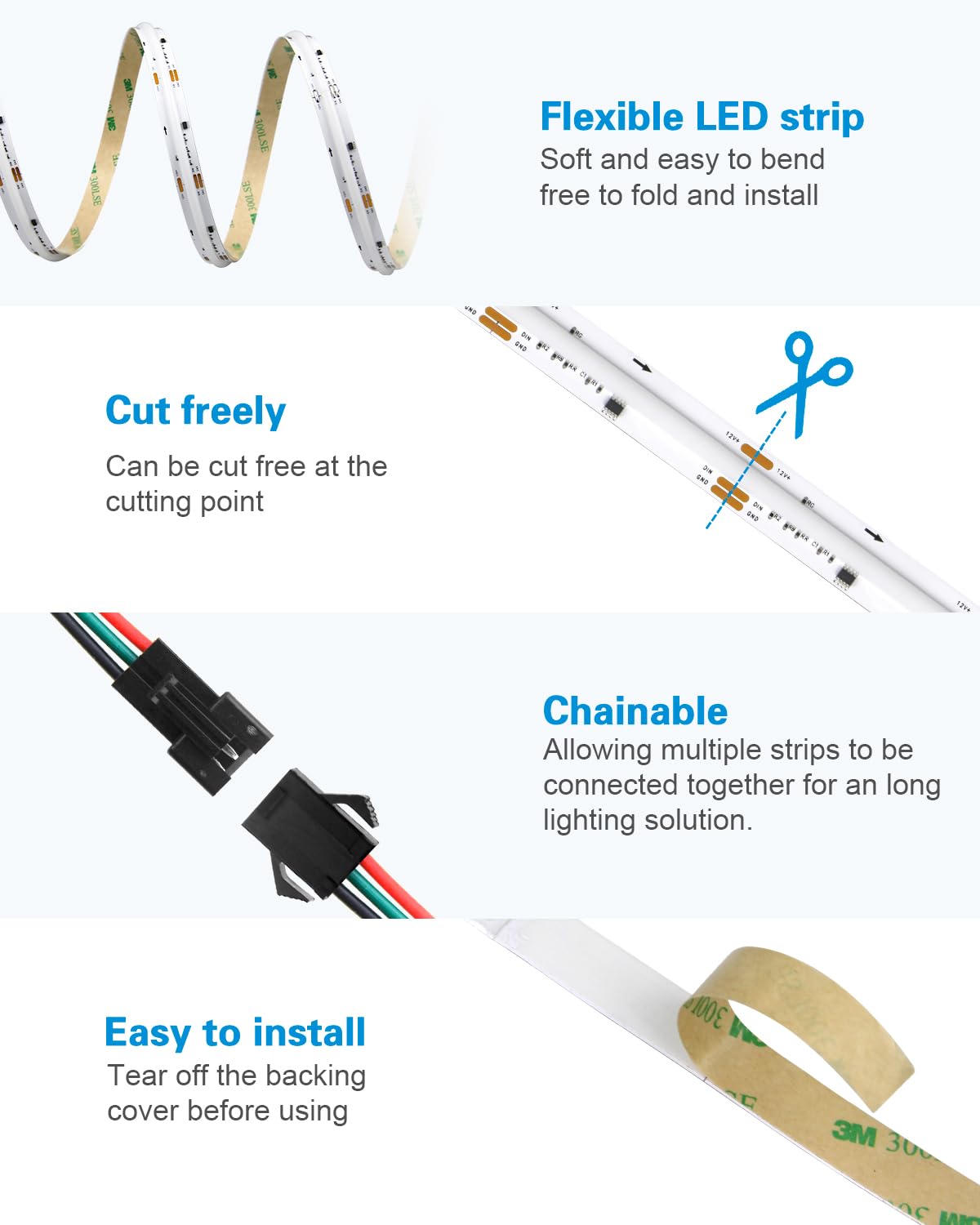 ALITOVE Addressable RGB COB LED Strip Lights 16.4FT 3600 LEDs WS2811 12V Flexible Vinyl Rope Light for Home Decor