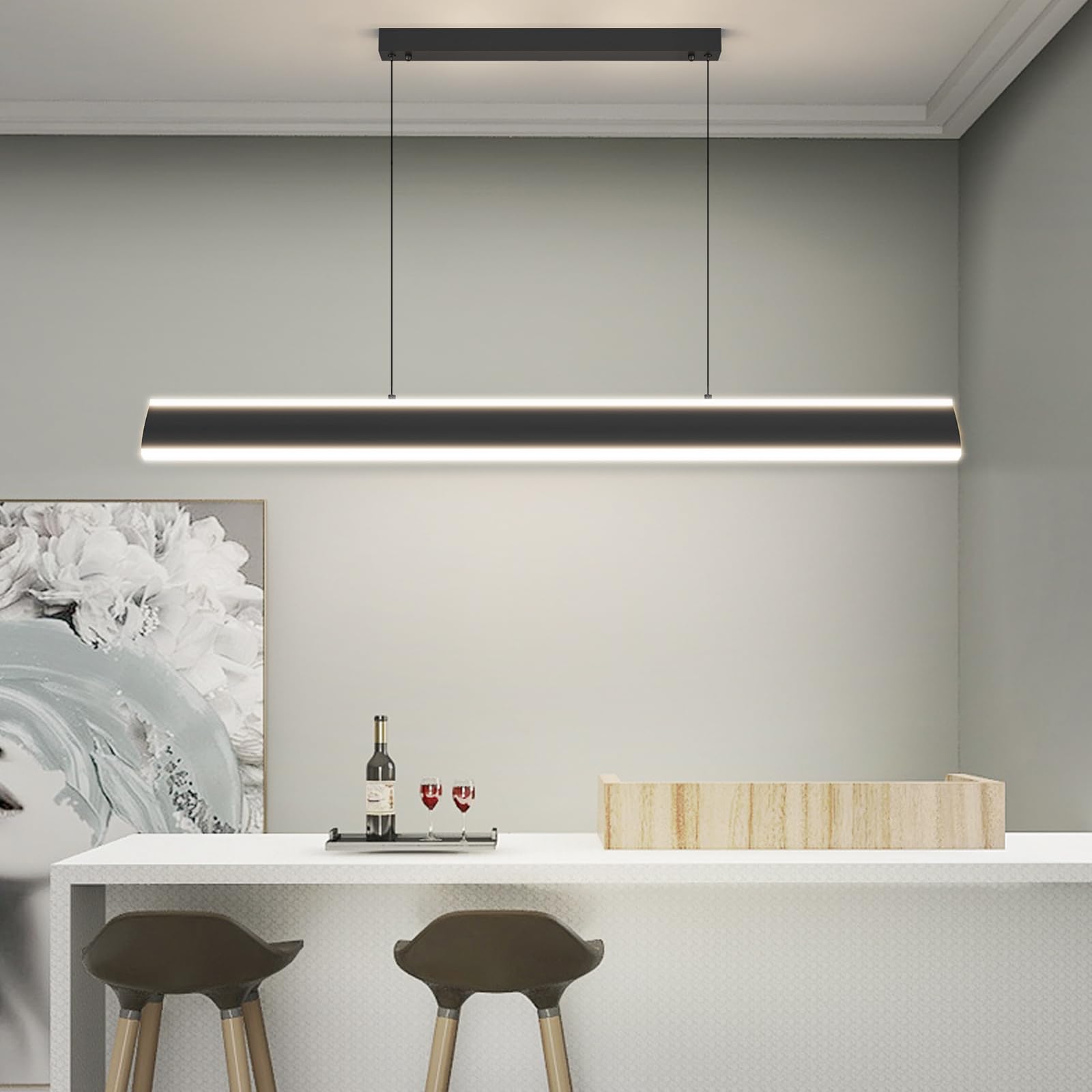 Linear Pendant Lights Kitchen Island, Dimmable LED Chandeliers for Dining Room, Modern Billiard Room Pool Table Light Ceiling Pe