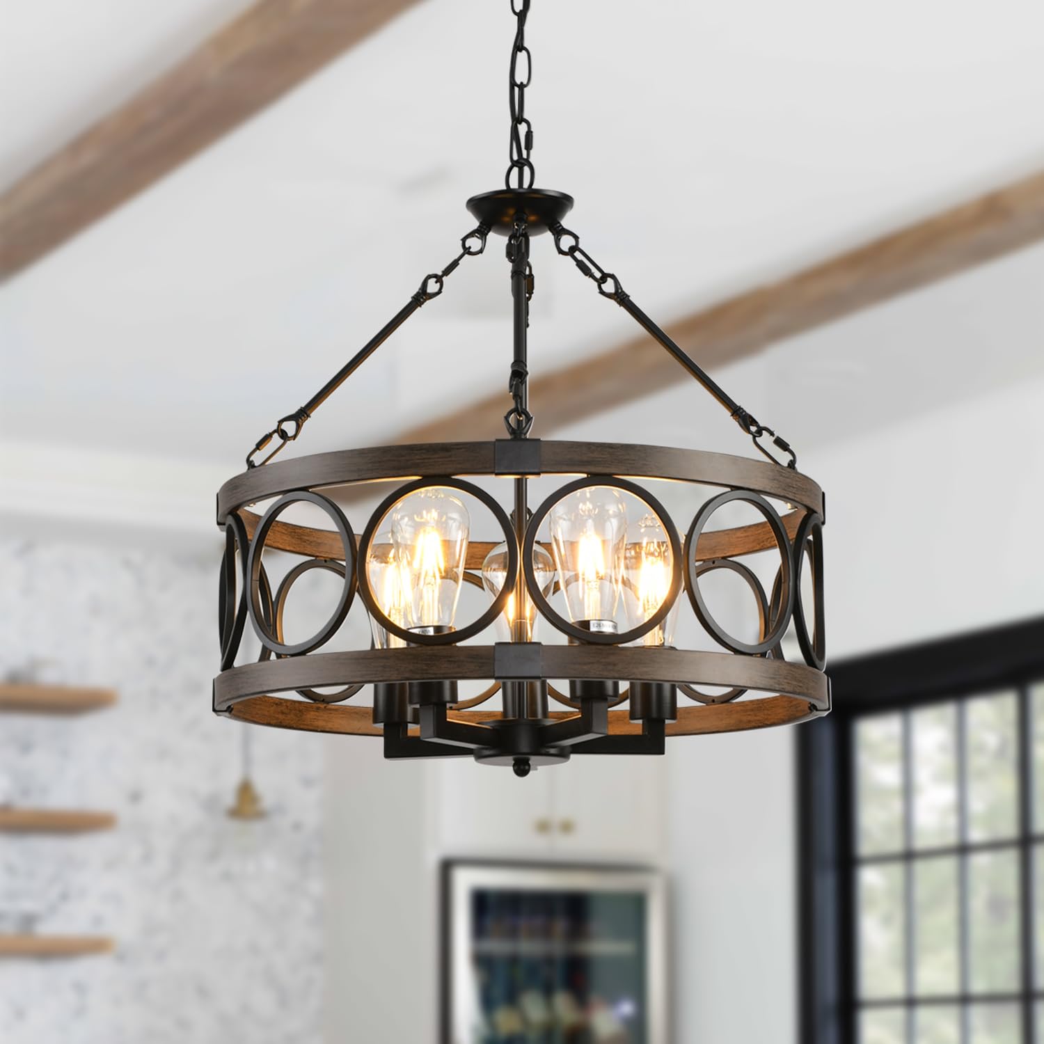 Shiandar Light Fixtures Ceiling Mount,5 Light Flush Mount Ceiling Light With Chain,Height Adjustable Rustic Farmhouse Chandeliers For Dining Room,19.71" Black Chandelier Modern Pendant Light Fixture