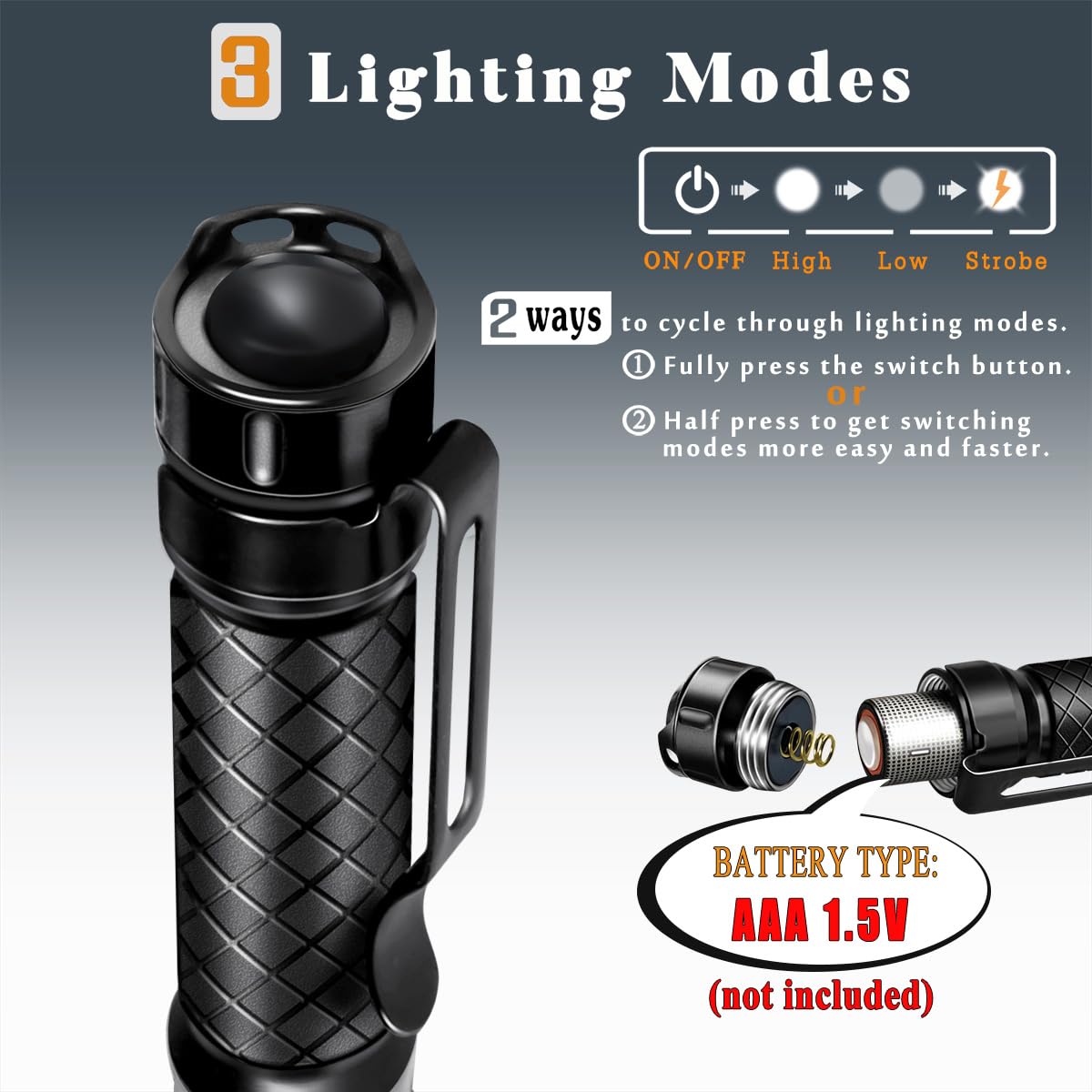 Mini Flashlight 3 Modes Small Flashlights Led Powerful High Lumens Tactical Pen Light With Clip,Slim Portable Pocket Compact Torch For Emergency Inspection Aaa Battery Water-Resistant (Black & Gold)