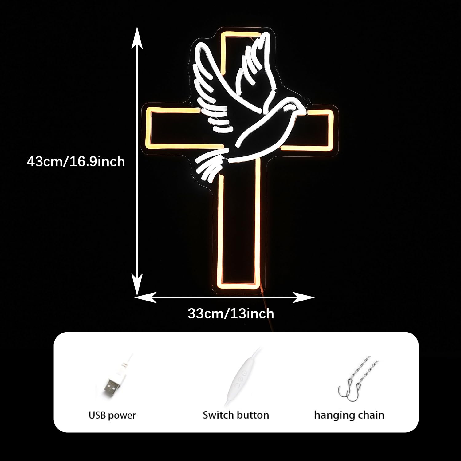 GNVETZLL Cross Neon Sign Dimmable LED Light for Wall Decor, White Dove of Peace, USB Powered, Warm White, Wedding, Party Decor