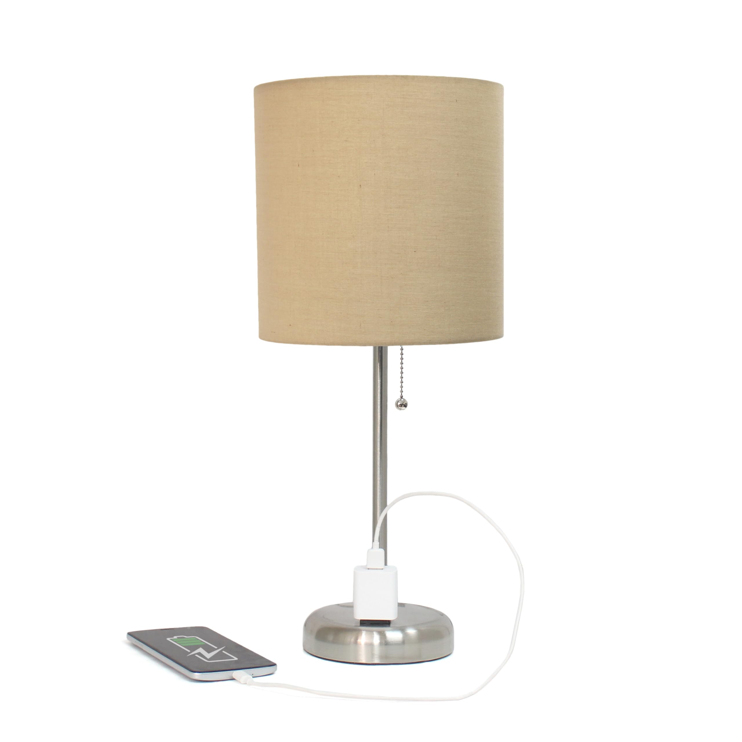 Simple Designs Lt2024-Tan Brushed Steel Stick Table Desk Lamp With Charging Outlet And Drum Fabric Shade, Tan (Pack Of 2)