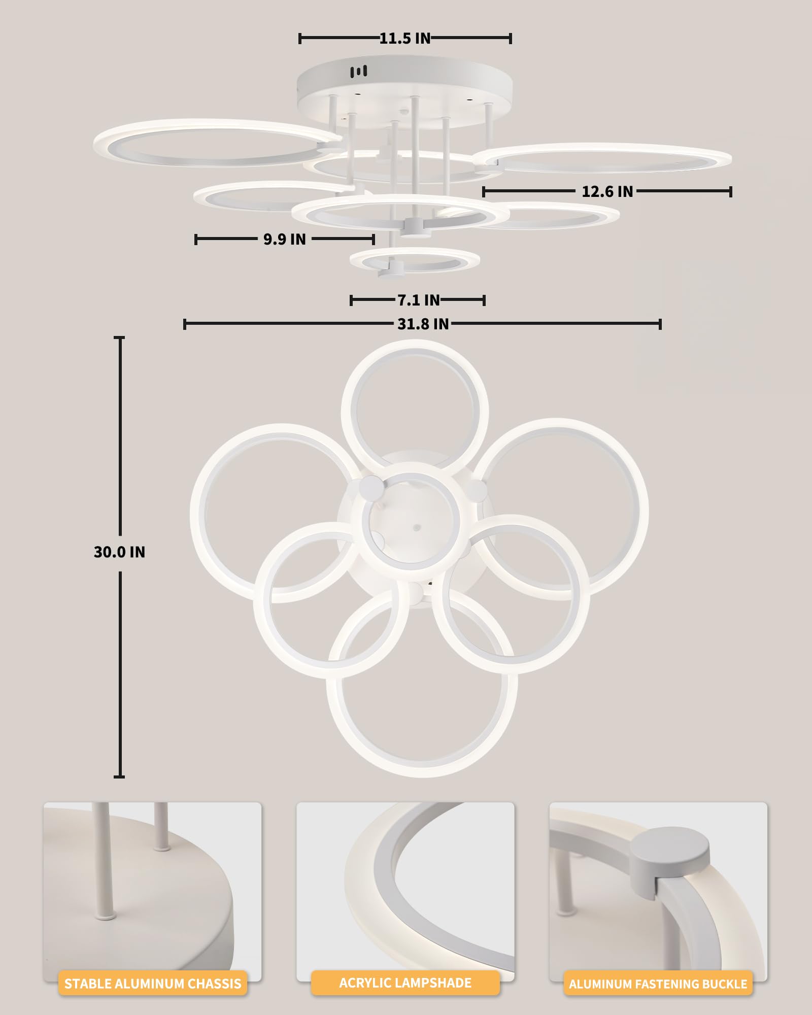 Seable Modern Led Ceiling Light, Dimmable 7 Rings Flush Mount, 130W 3000K-6500K For