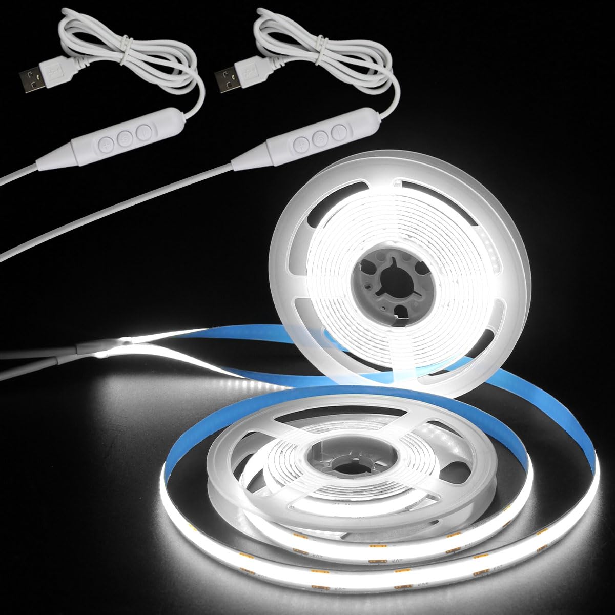 Aclorol 5V Cob Led Strip Light White 6000K 6.56Ft/2M 640Leds Dimmable Led Flexible Tape Lights With Self-Adhesive For Bedroom Kitchen Cupboard Cabinet Mirror Staircase Diy Lighting Project (2 Pack)