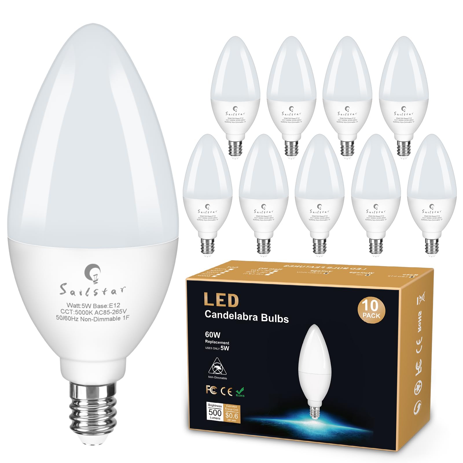 Sailstar Candelabra Light Bulbs 60 Watt Equivalent, 5000K Daylight, 5W E12 Small Base Type B LED Bulbs, 500 Lumens, Chandelier Ceiling Fan Light Bulbs, CRI 85, Non-dimmable, Pack of 10