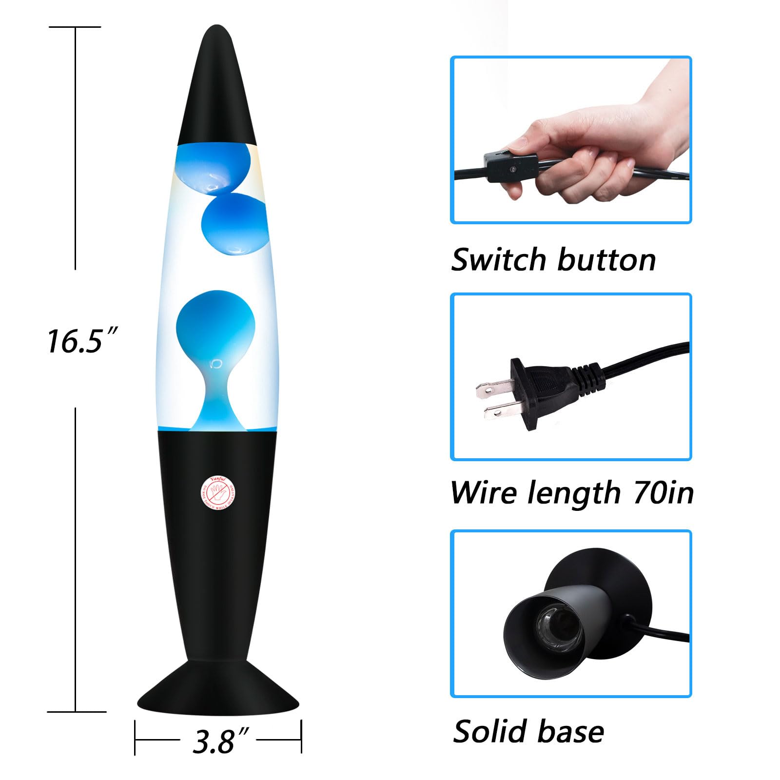 Vanful Blue 16 Inches Magma Liquid Motion Lamp with Black Base, Glitter Lamps for Adults and Kids Charged by Cord Night Light Co