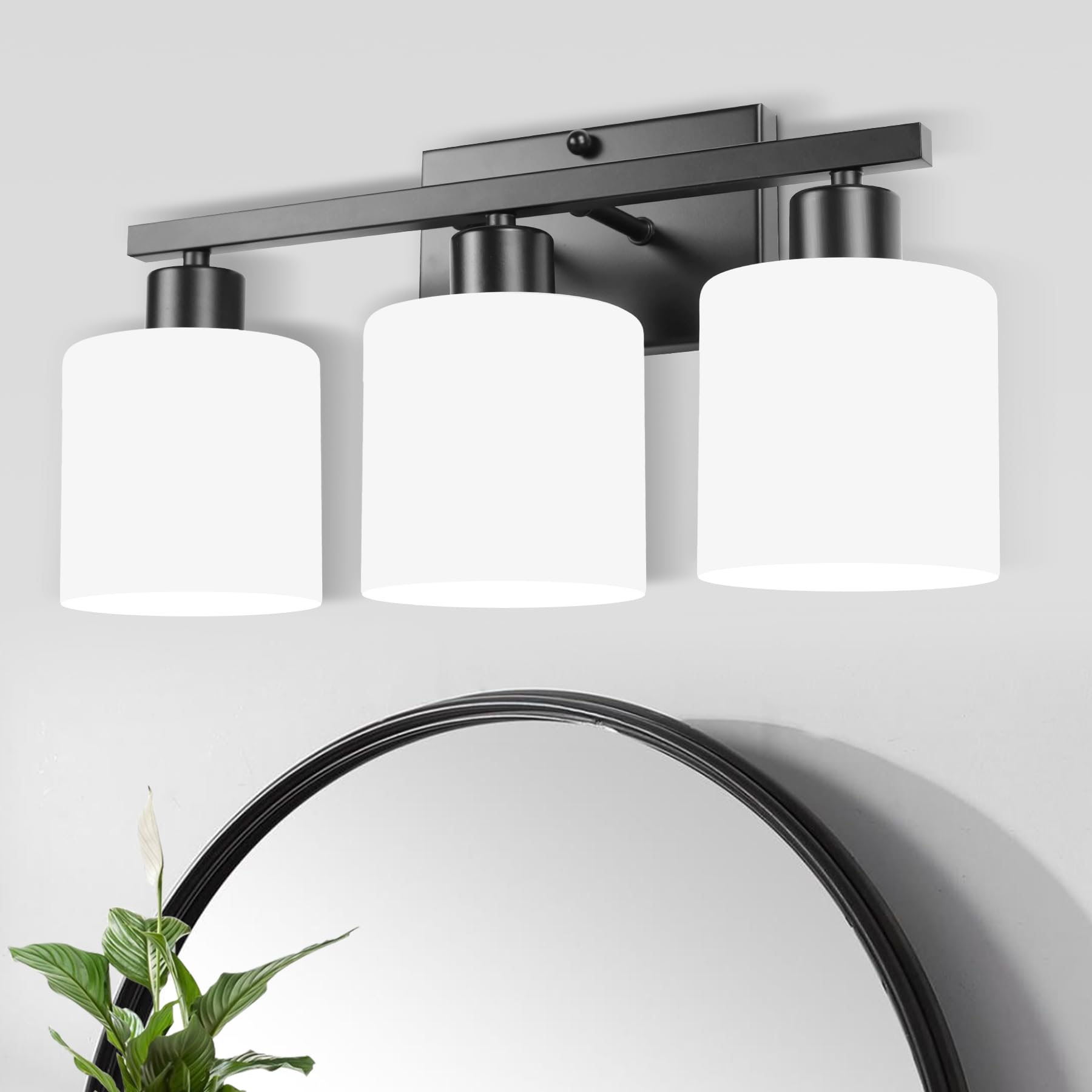 SILAMPDI 3-Light Bathroom Light Fixture, Metal Wall Sconces, Black Finish, Milky White Glass Shades, Model SLD-JQD-B-01