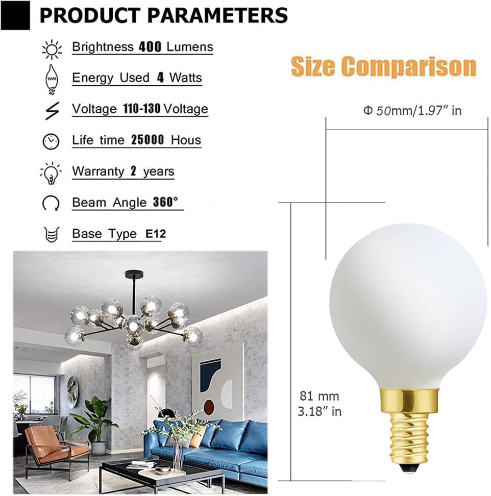 Xininsun Frosted G16.5 Globe Light Bulb,E12 Round Candelabra Bulb 40 Watt,4W Chandelier Light Bulbs,Milky White Candelabra Led B