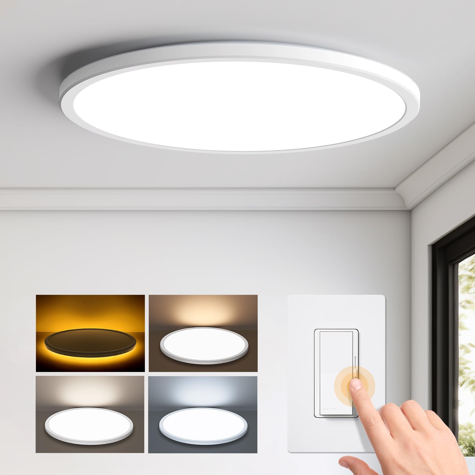 Matane 15.4In Led Flush Mount Ceiling Light Fixture With Night Light, 36W 3600Lm 3000K/4000K/5000K Selectable, Low Profile Dimmable Ceiling Lights For Bedroom, Kitchen, Hallway, White